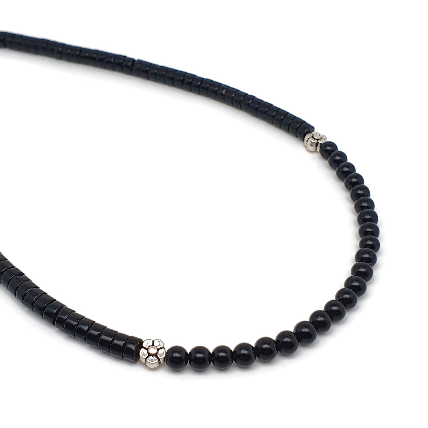 Black Agate Beaded Collar Necklace Silver Plated