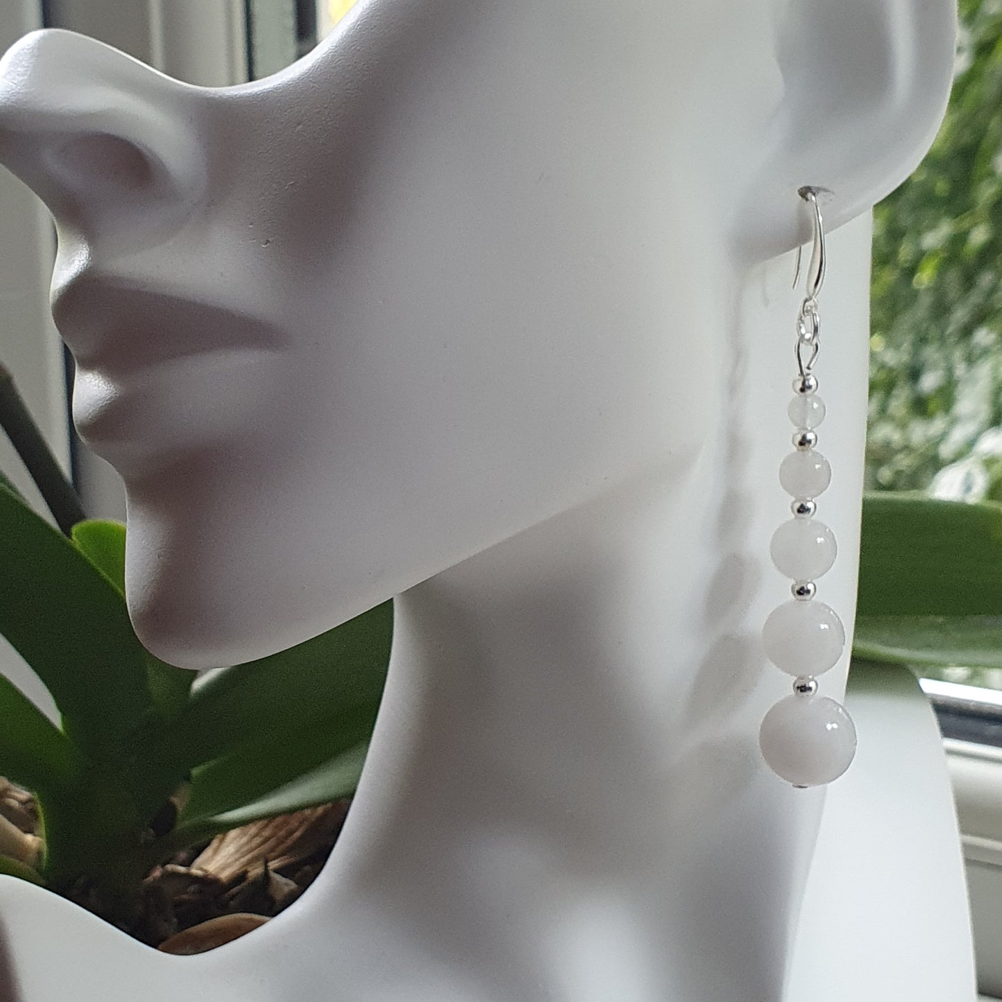 White Jade Beaded Graduated Gemstone Boho Earrings Long Dangle Drop