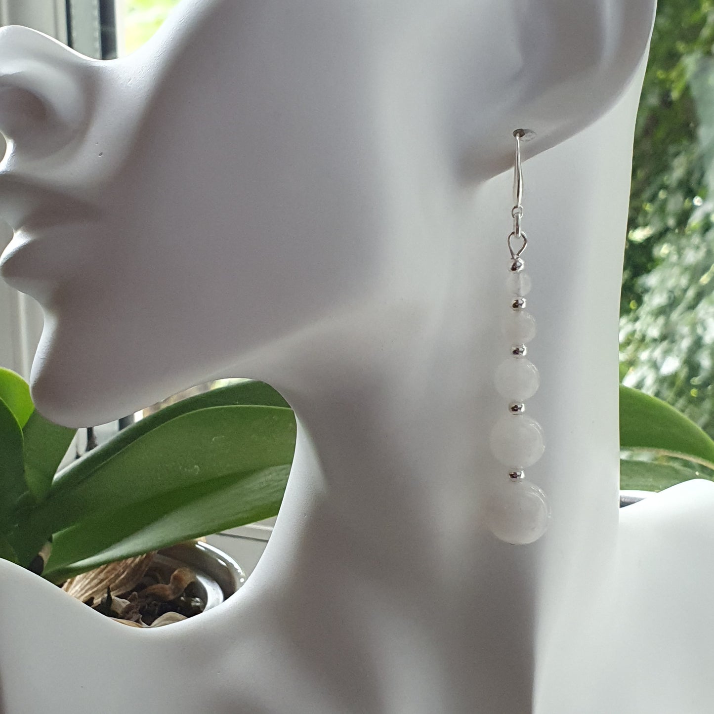 White Jade Beaded Graduated Gemstone Boho Earrings Long Dangle Drop