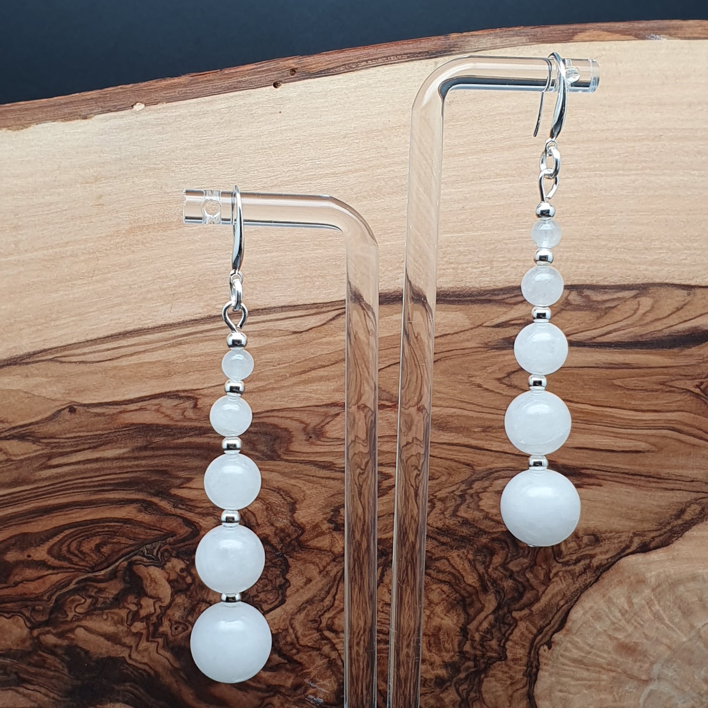 White Jade Beaded Graduated Gemstone Boho Earrings Long Dangle Drop