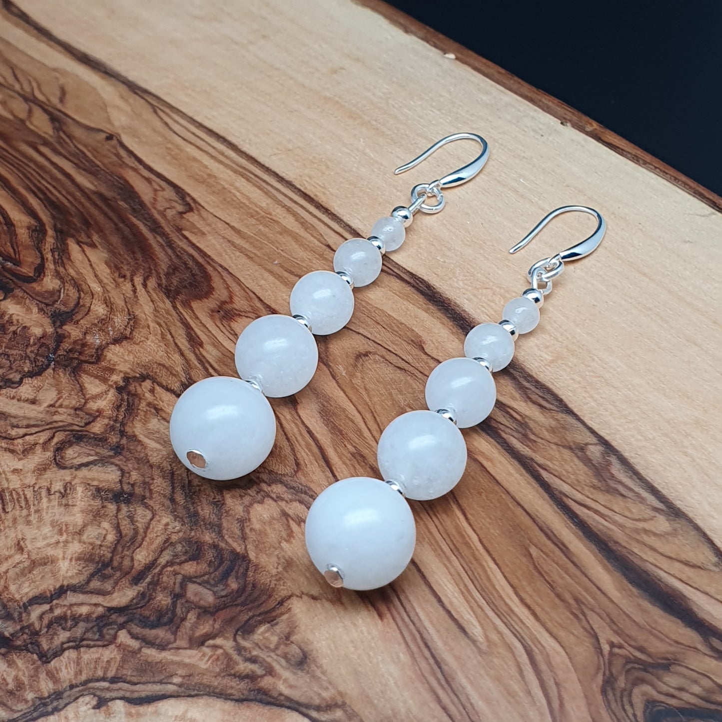 White Jade Beaded Graduated Gemstone Boho Earrings Long Dangle Drop