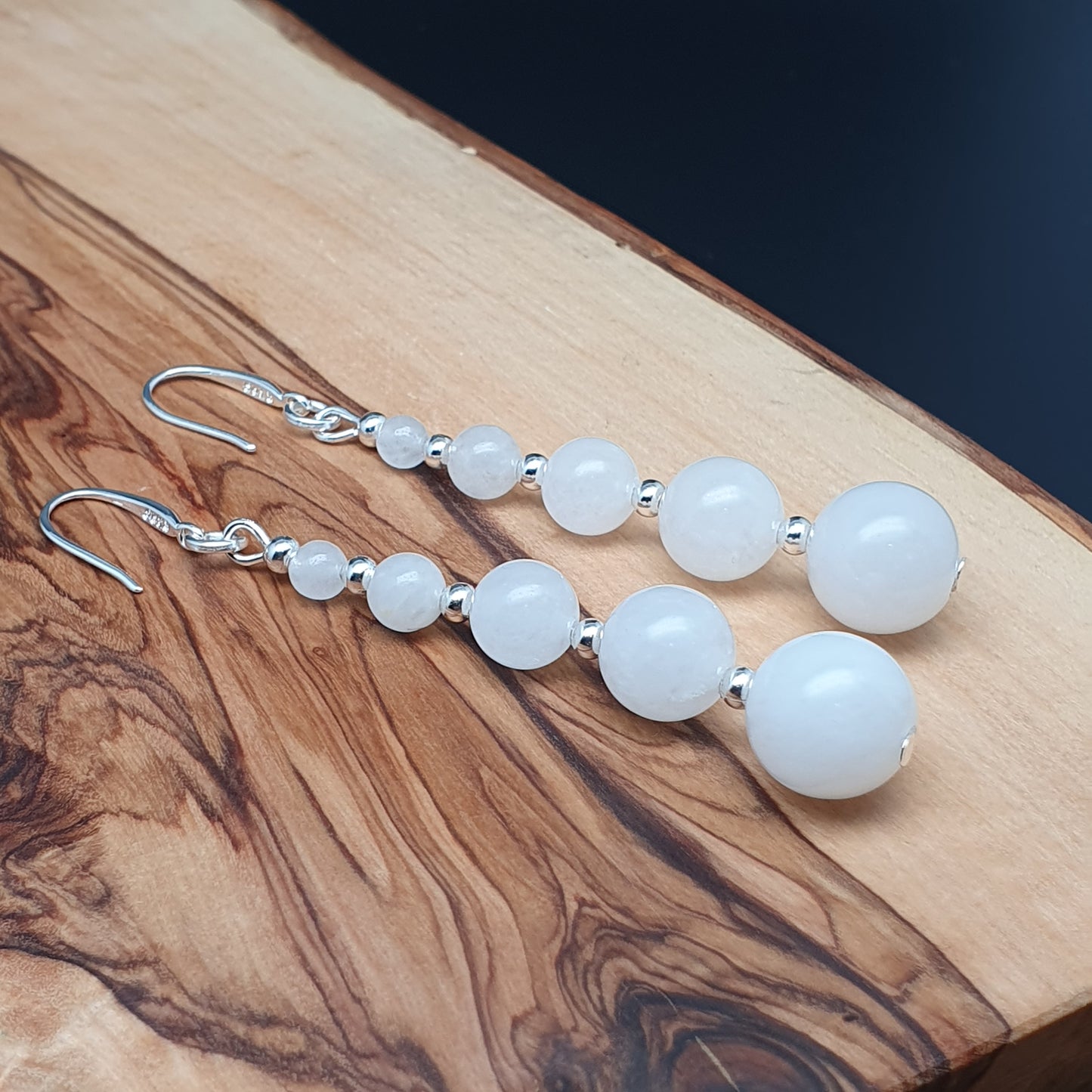 White Jade Beaded Graduated Gemstone Boho Earrings Long Dangle Drop