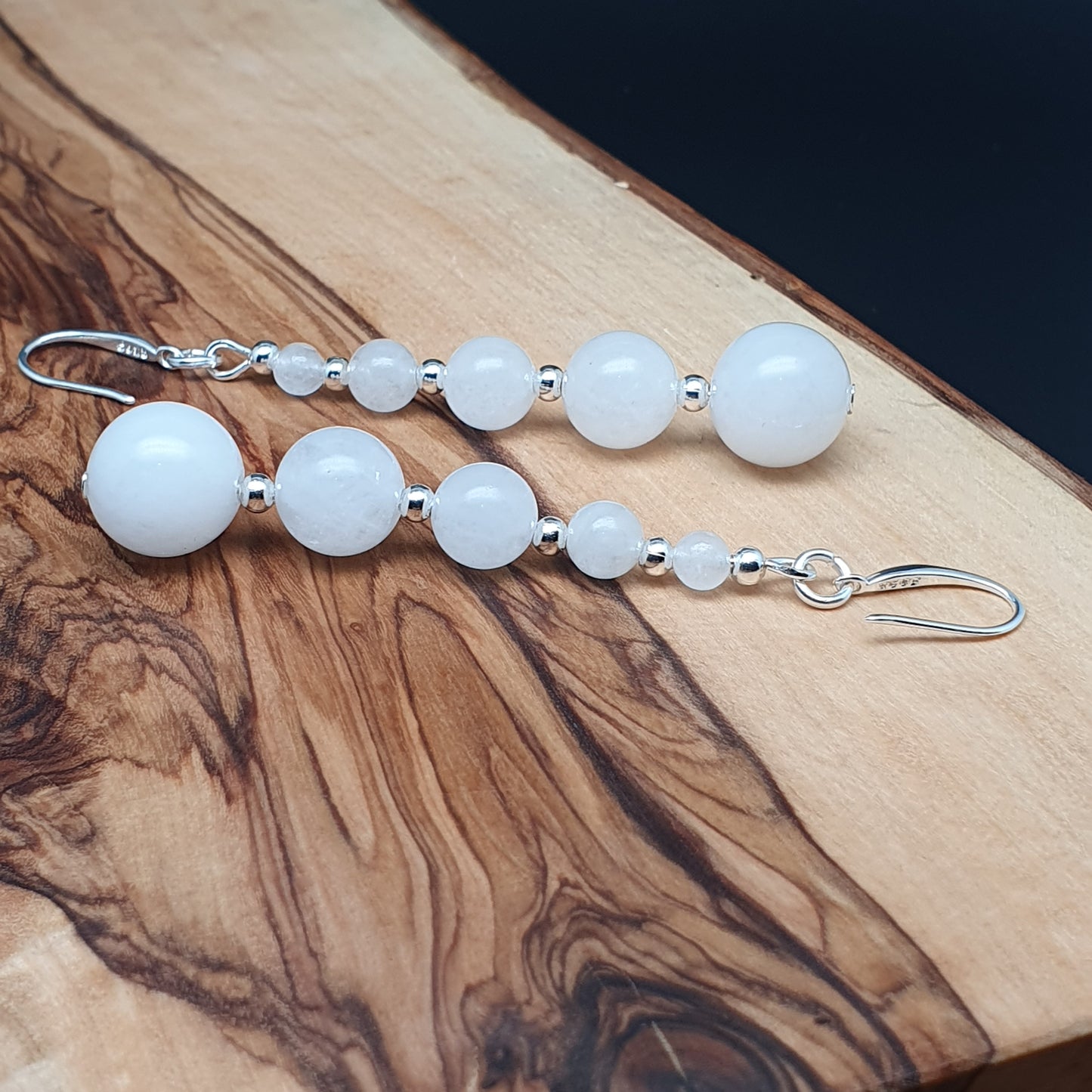White Jade Beaded Graduated Gemstone Boho Earrings Long Dangle Drop