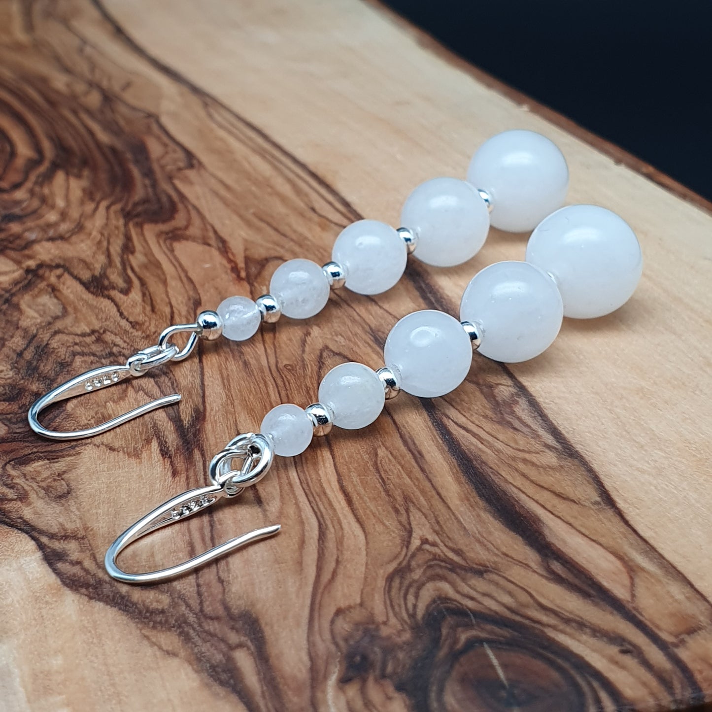 White Jade Beaded Graduated Gemstone Boho Earrings Long Dangle Drop