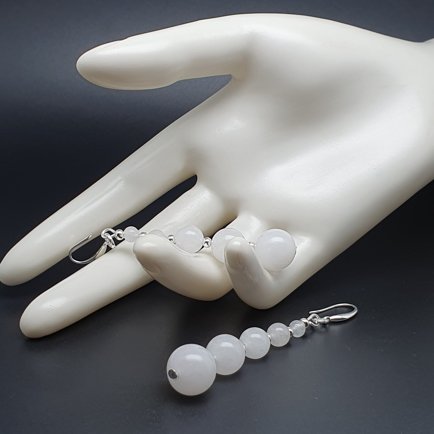 White Jade Beaded Graduated Gemstone Boho Earrings Long Dangle Drop