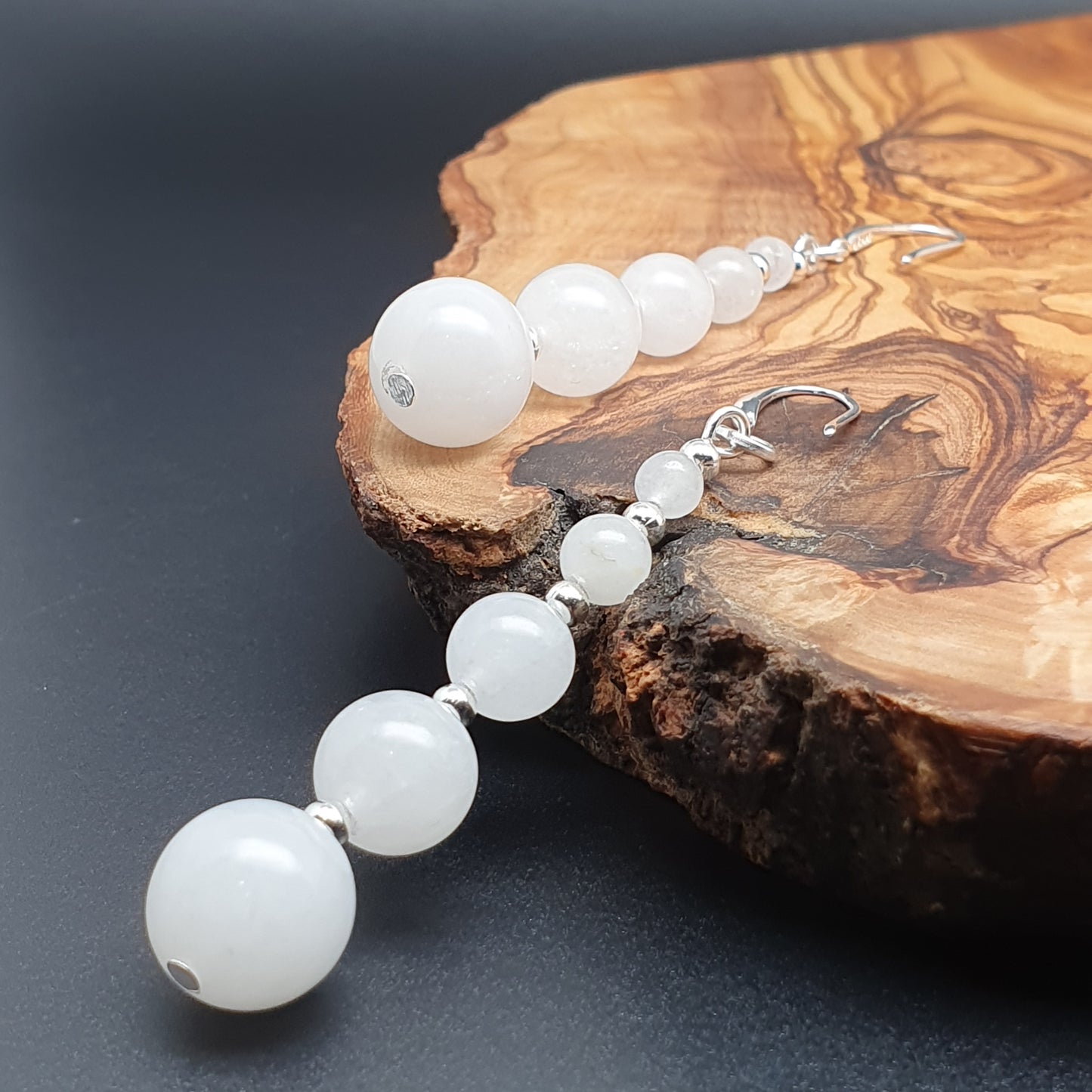 White Jade Beaded Graduated Gemstone Boho Earrings Long Dangle Drop