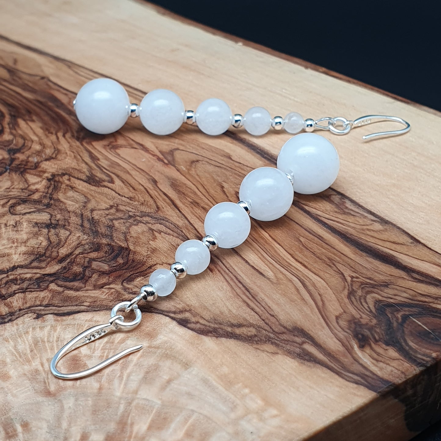 White Jade Beaded Graduated Gemstone Boho Earrings Long Dangle Drop