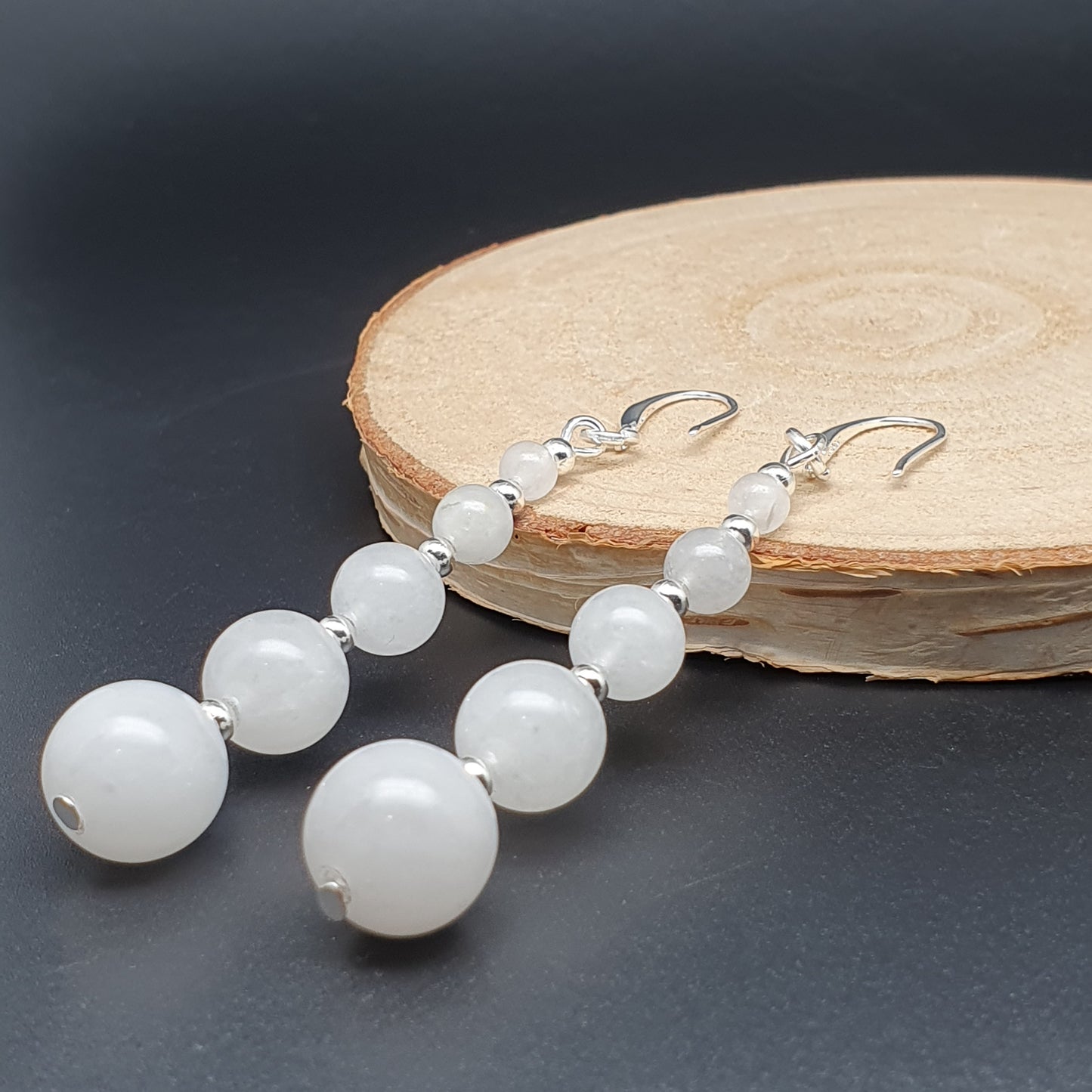 White Jade Beaded Graduated Gemstone Boho Earrings Long Dangle Drop