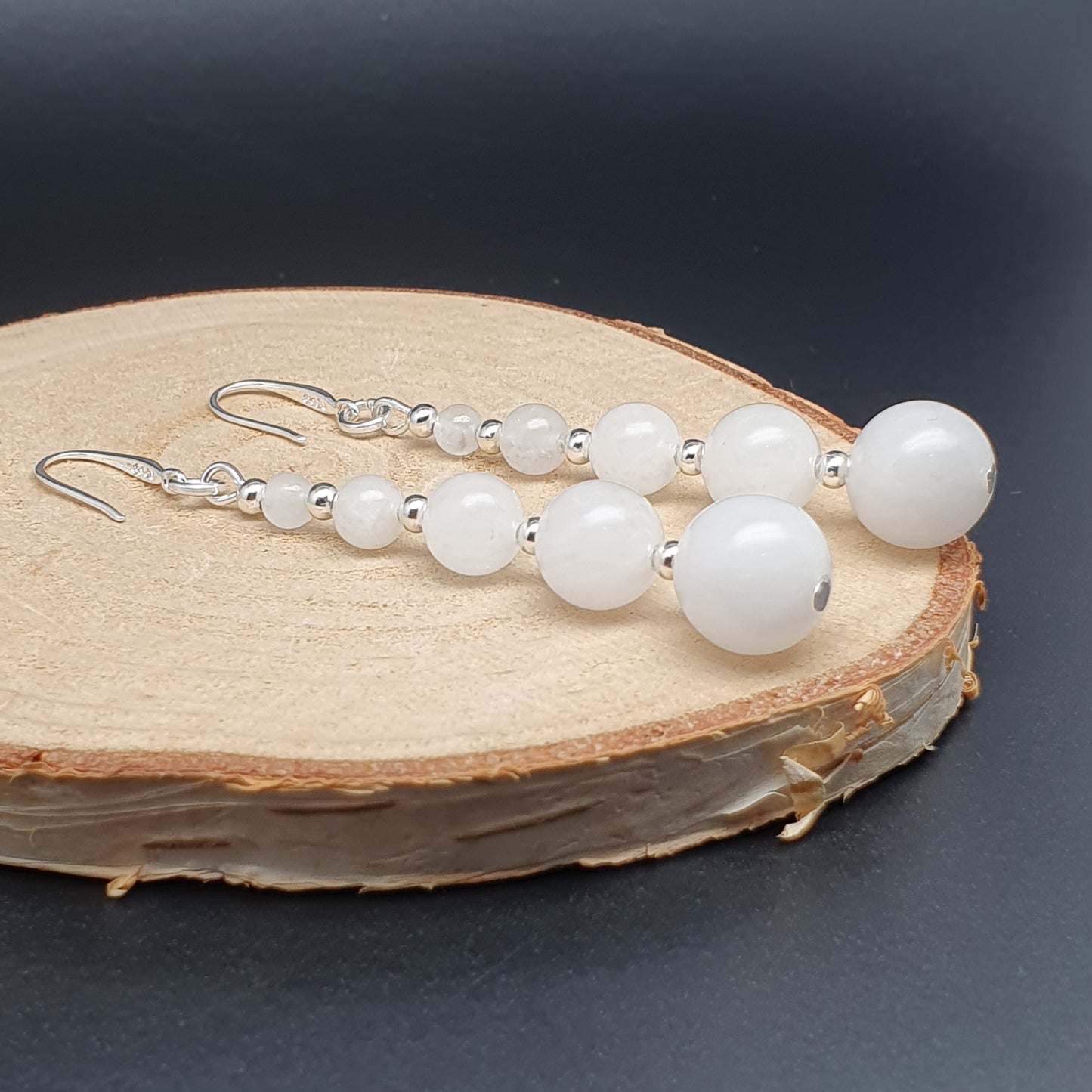 White Jade Beaded Graduated Gemstone Boho Earrings Long Dangle Drop