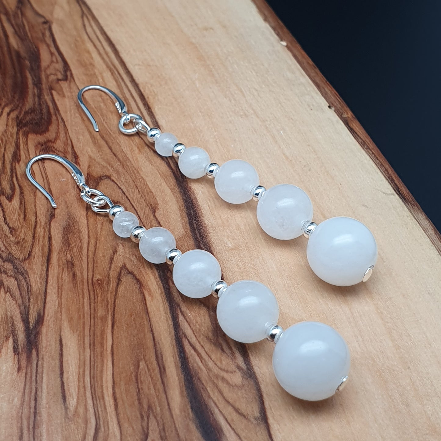 White Jade Beaded Graduated Gemstone Boho Earrings Long Dangle Drop