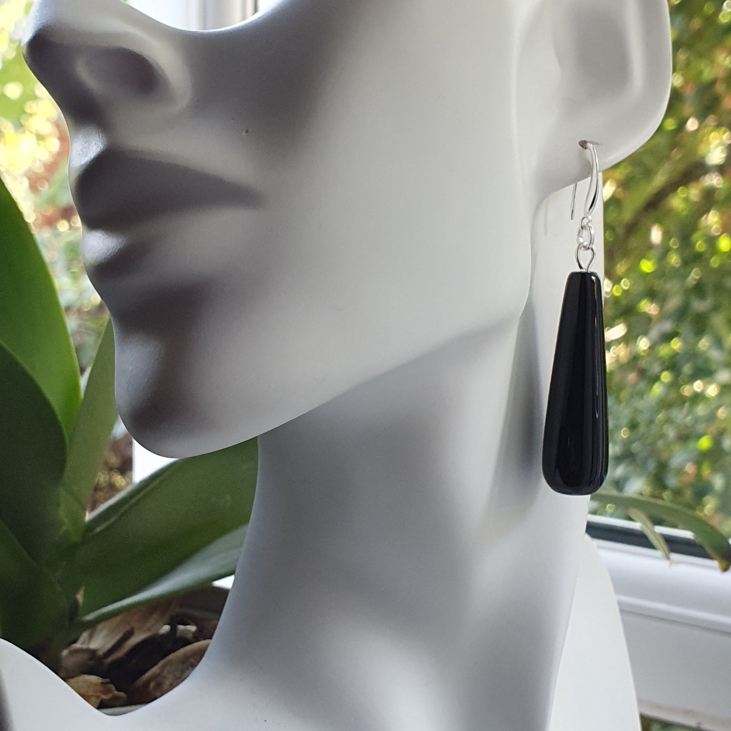 Black Agate Long Teardrop Dangle Boho Earrings