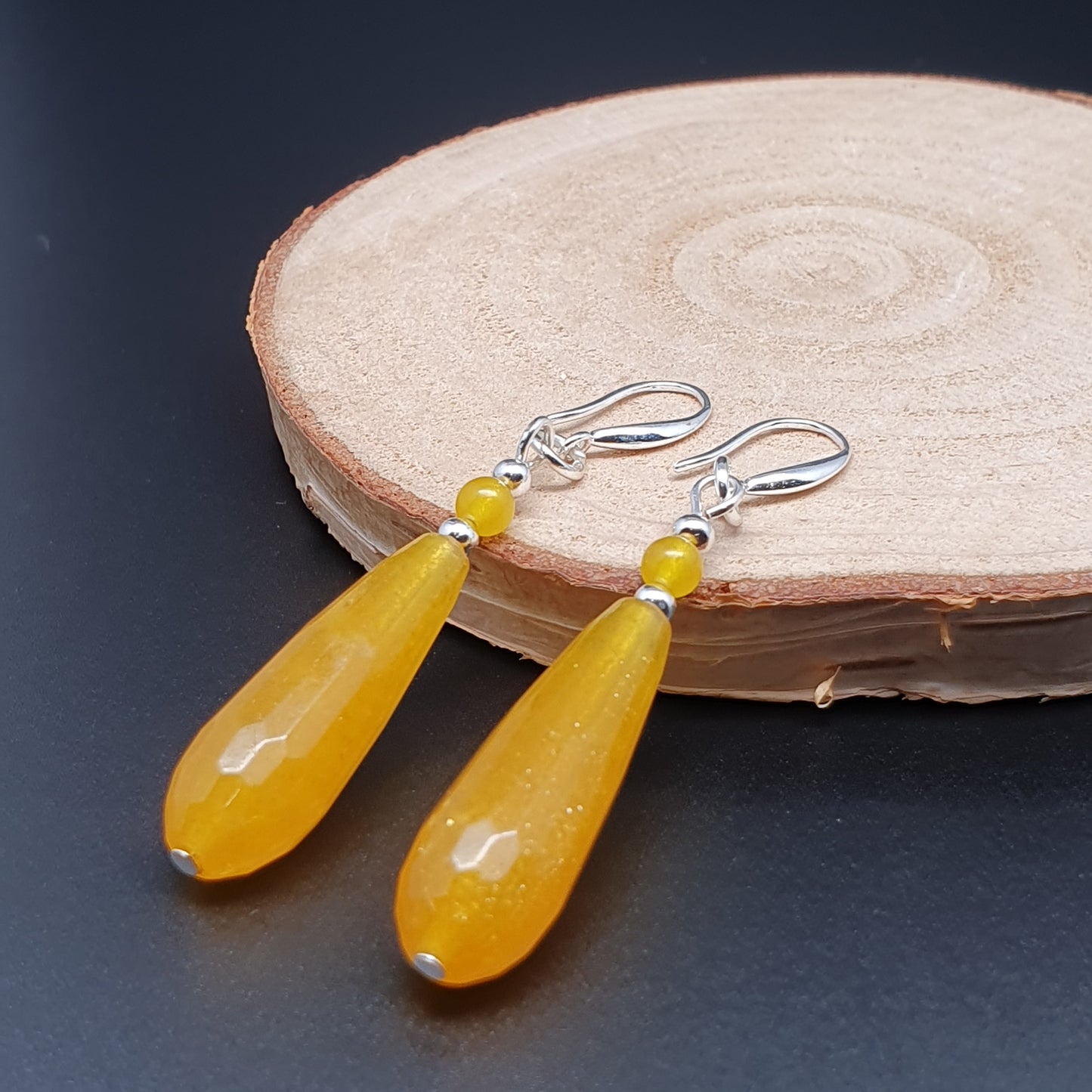 Yellow Chalcedony Beaded Teardrop Earrings Long Dangle Drop