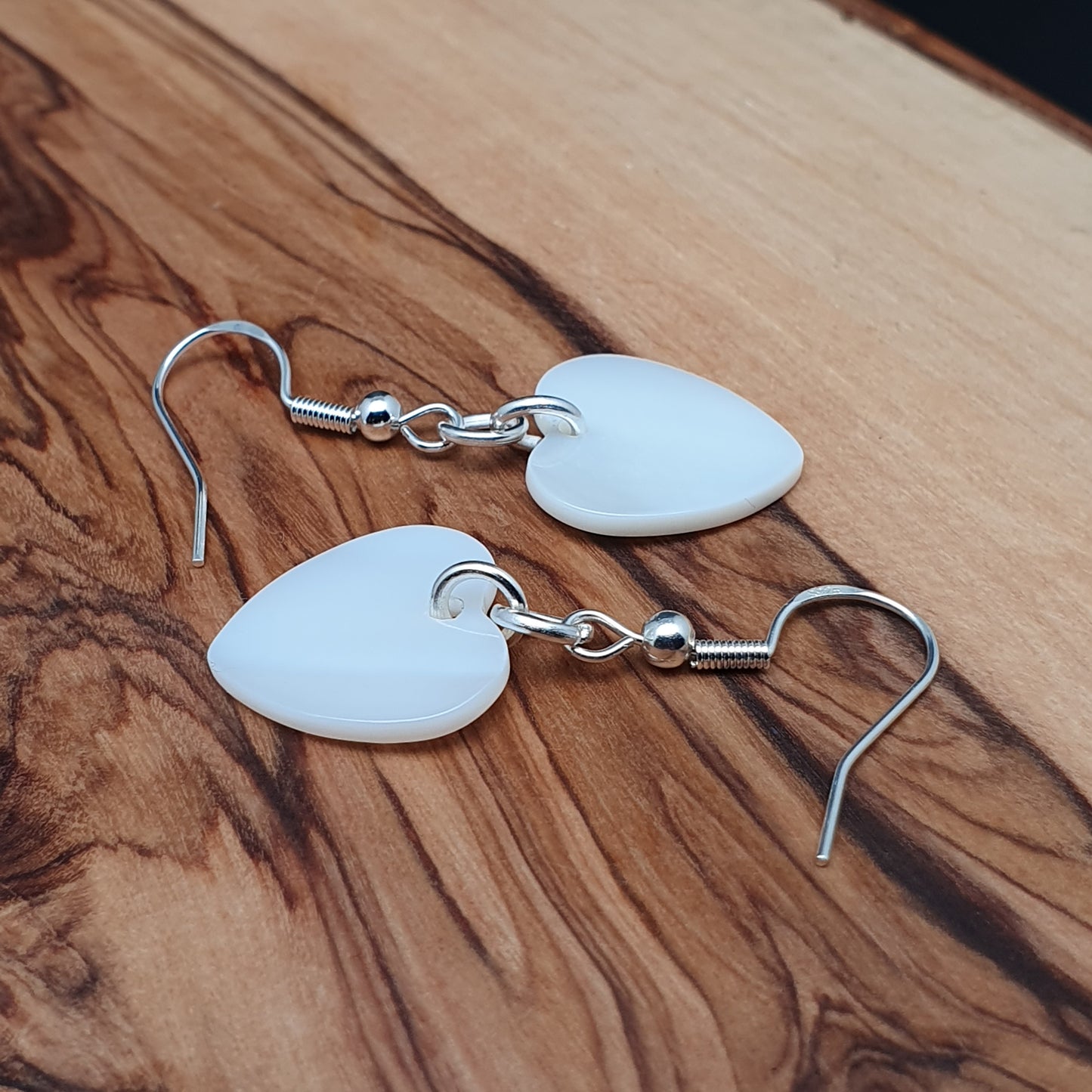 White Mother Of Pearl Heart Earrings Natural Shell Dangle Drop