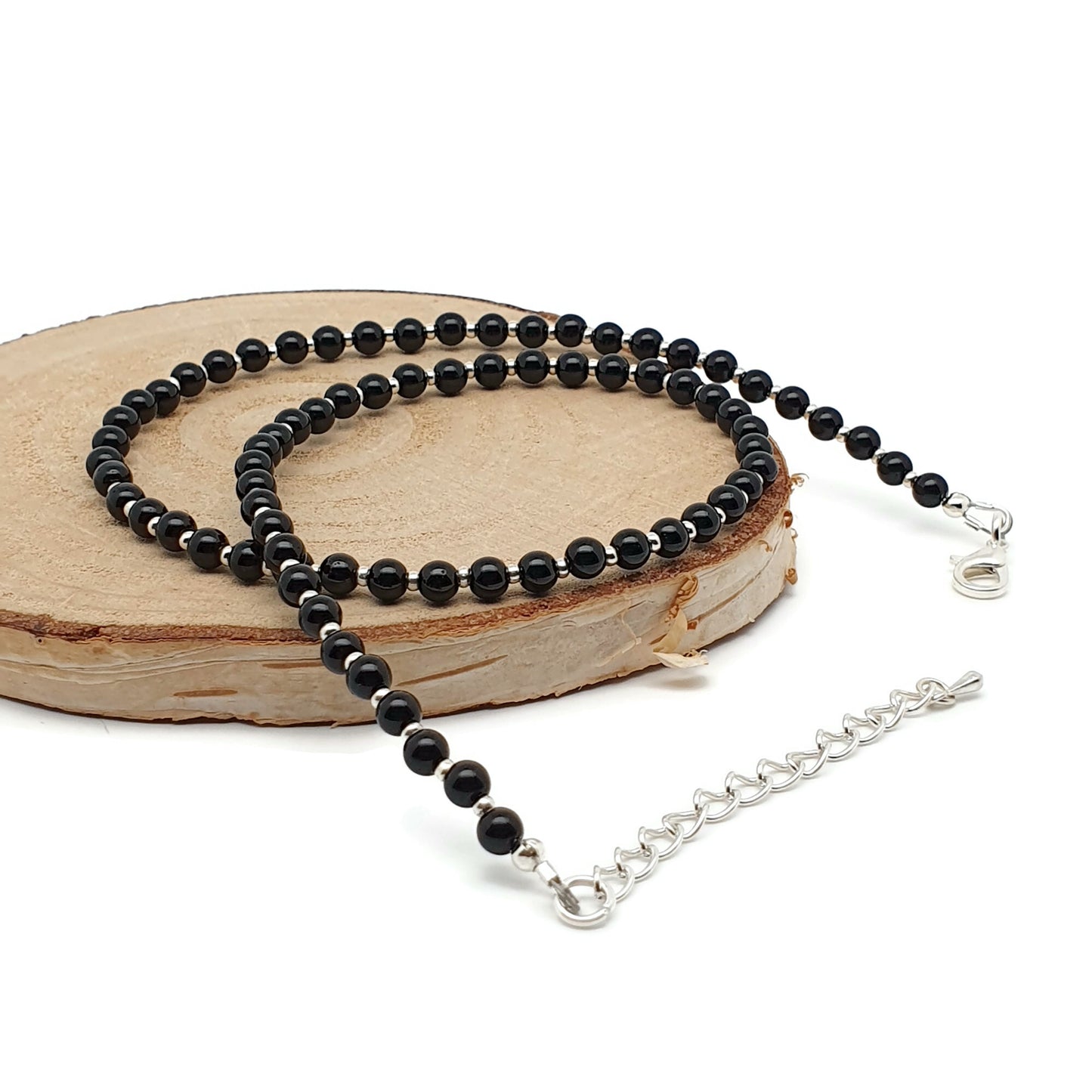 Black Agate Beaded Collar Necklace Silver Plated