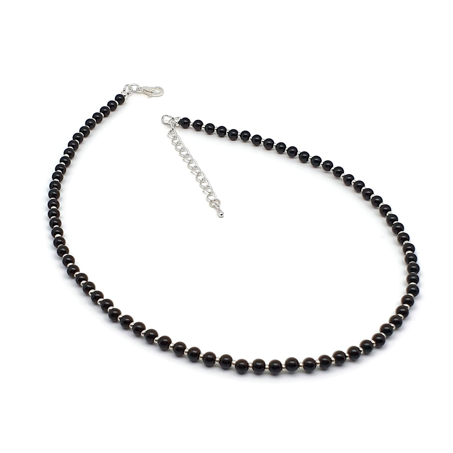 Black Agate Beaded Collar Necklace Silver Plated