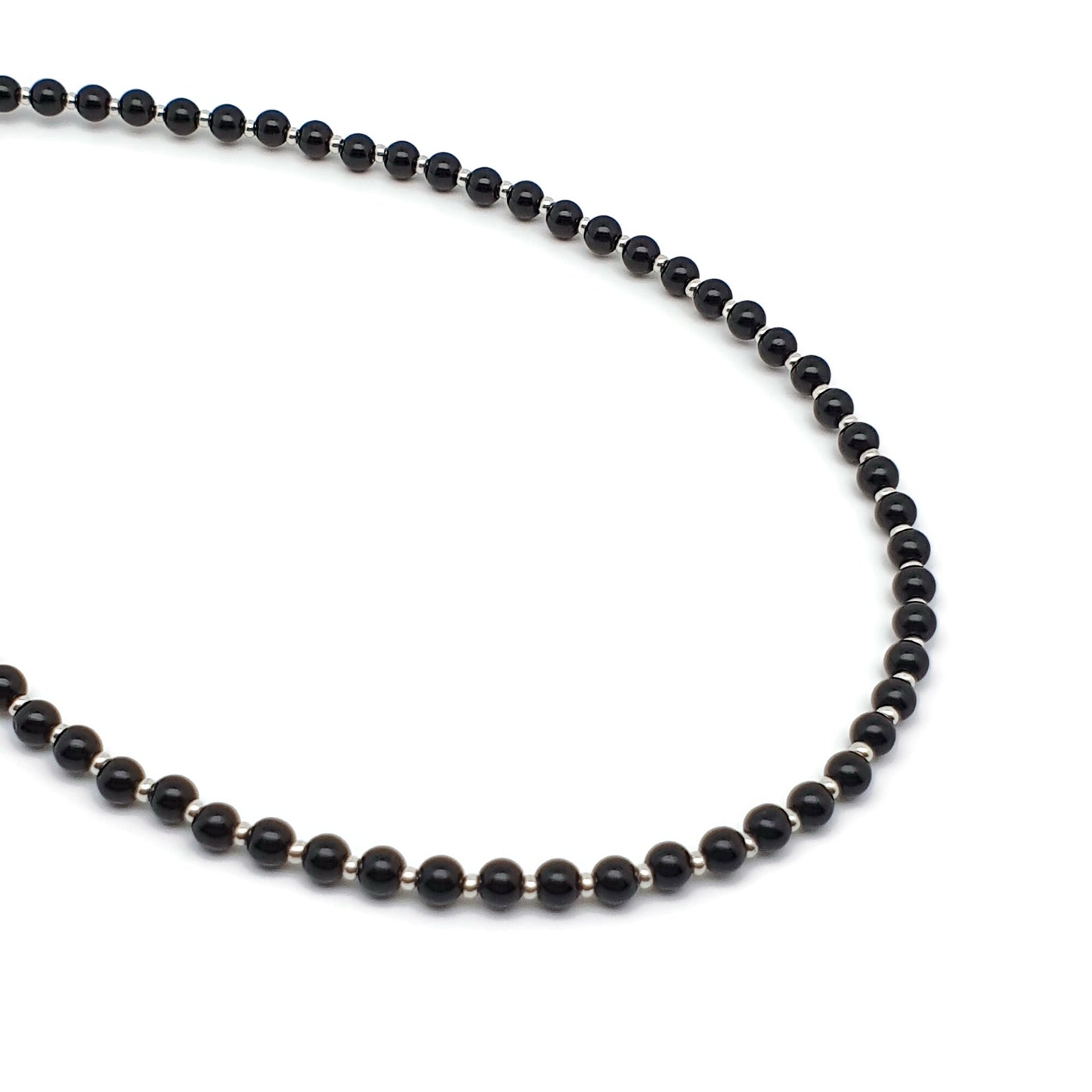 Black Agate Beaded Collar Necklace Silver Plated