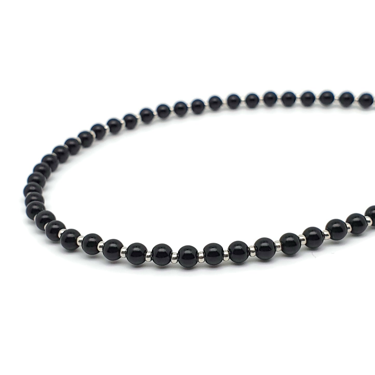 Black Agate Beaded Collar Necklace Silver Plated