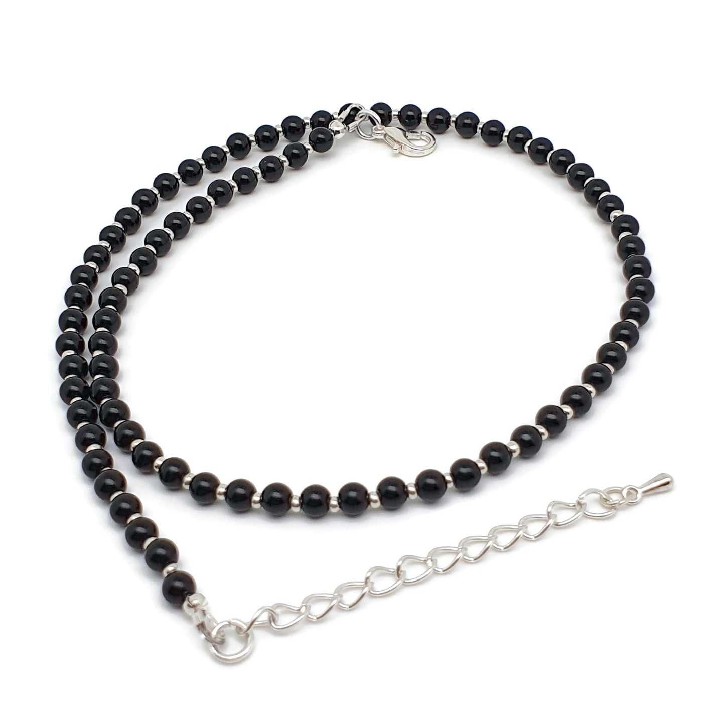 Black Agate Beaded Collar Necklace Silver Plated
