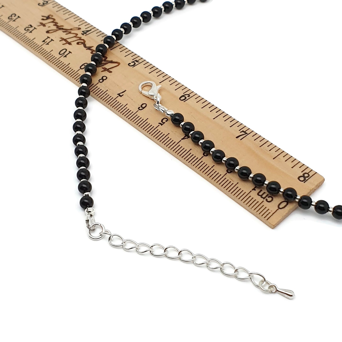 Black Agate Beaded Collar Necklace Silver Plated