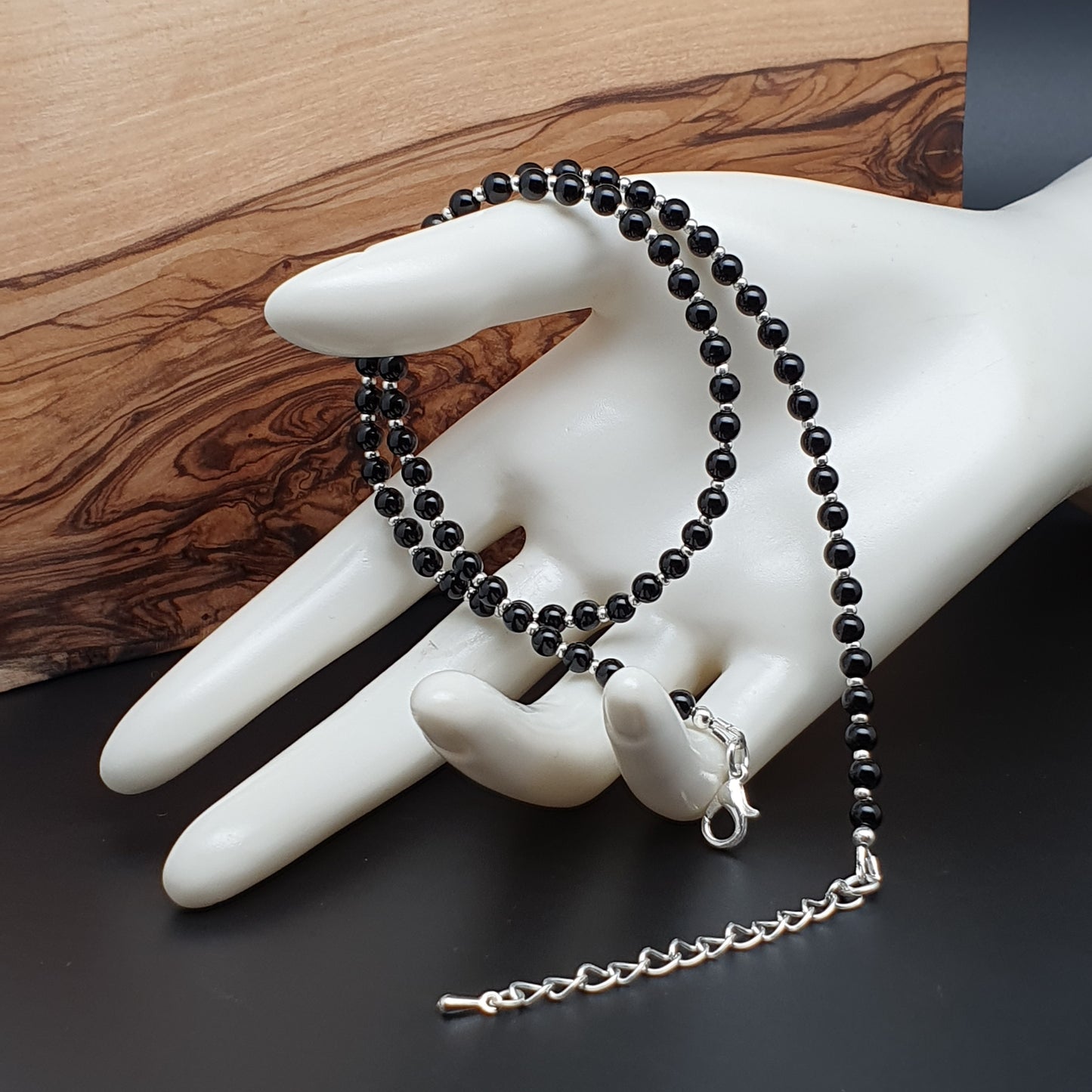Black Agate Beaded Collar Necklace Silver Plated