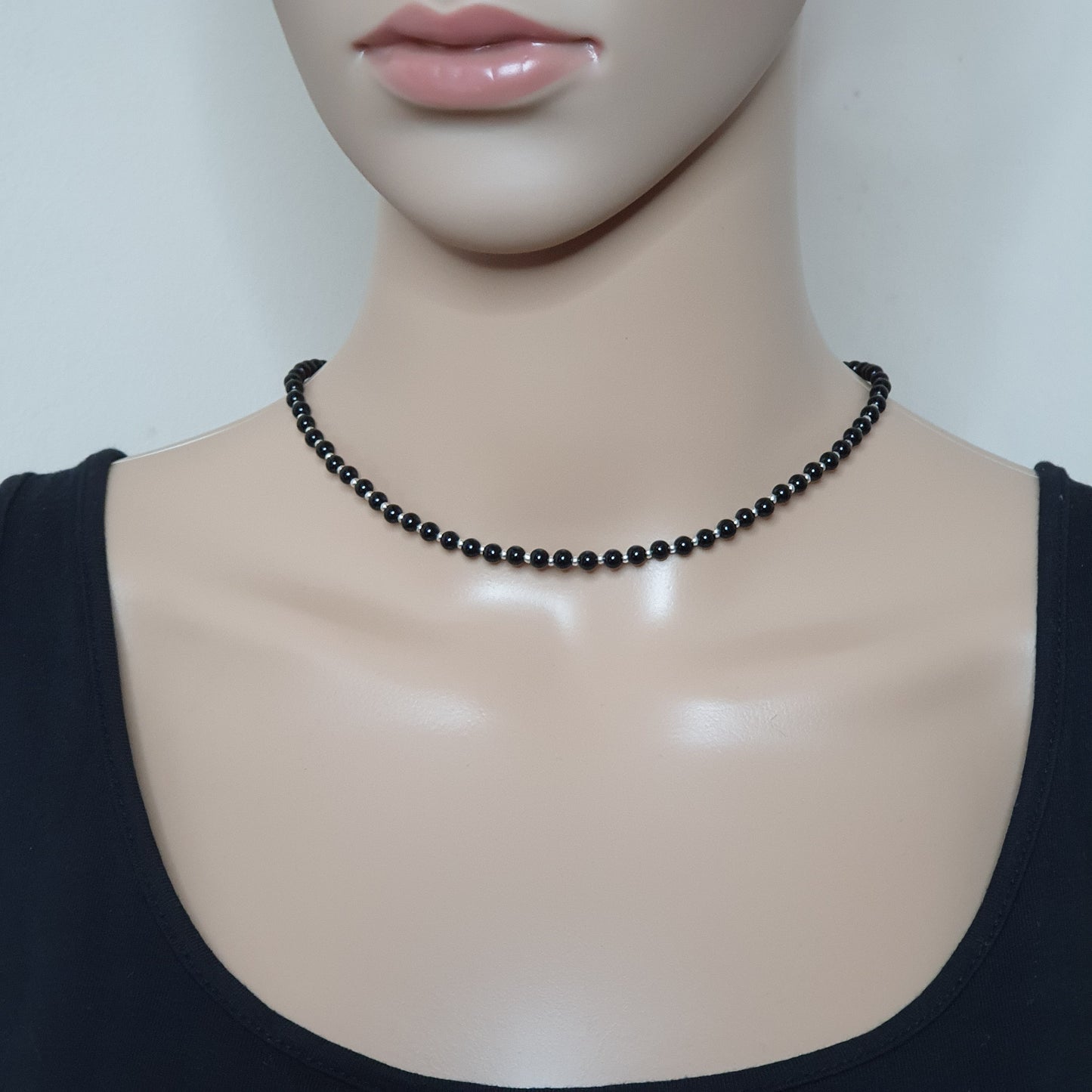 Black Agate Beaded Collar Necklace Silver Plated