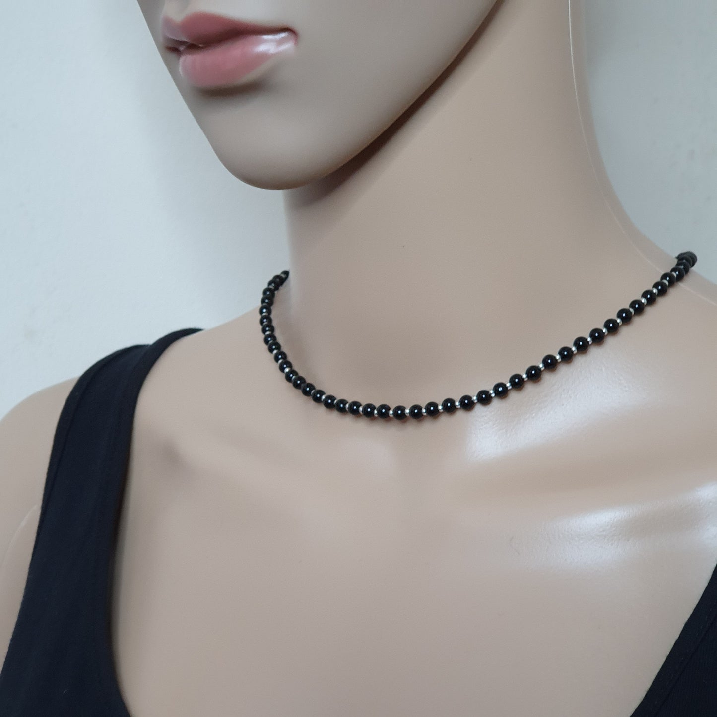 Black Agate Beaded Collar Necklace Silver Plated