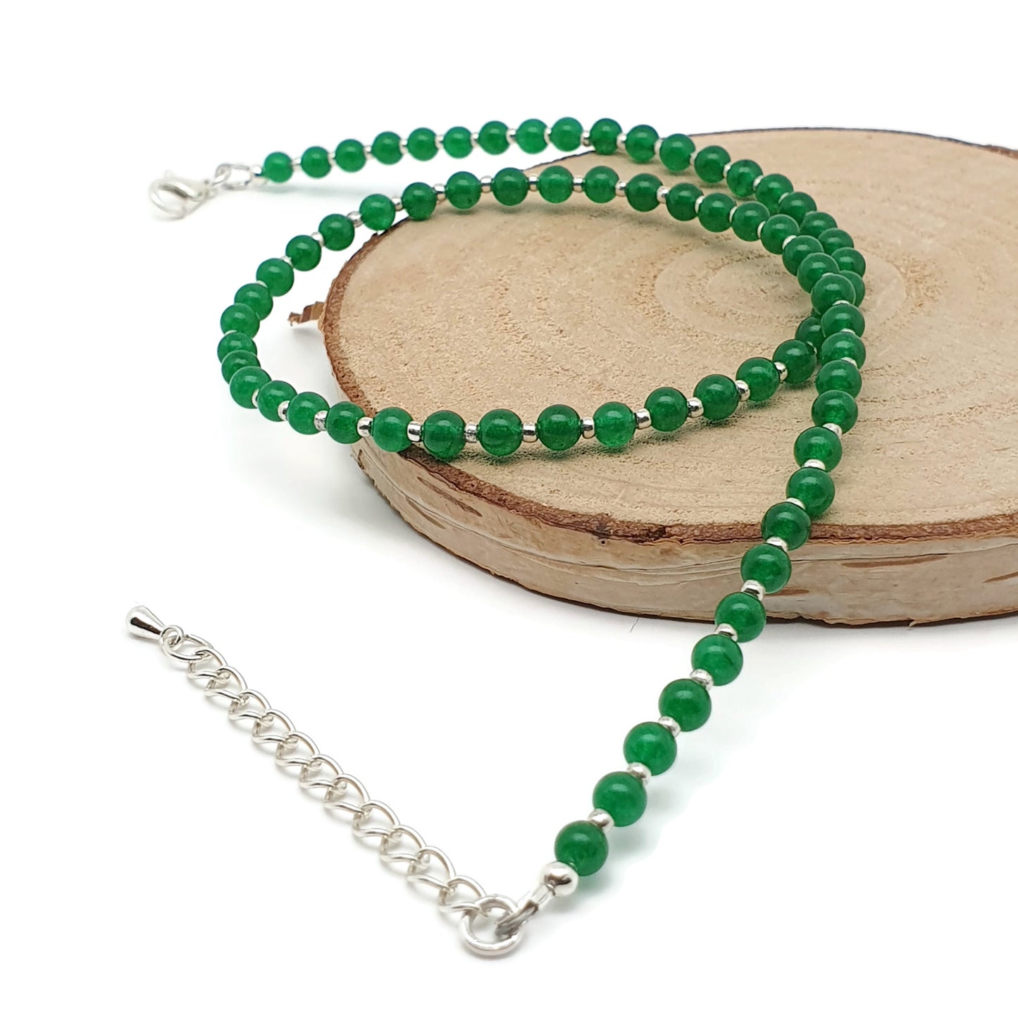 Green Jade Beaded Collar Necklace Silver Plated