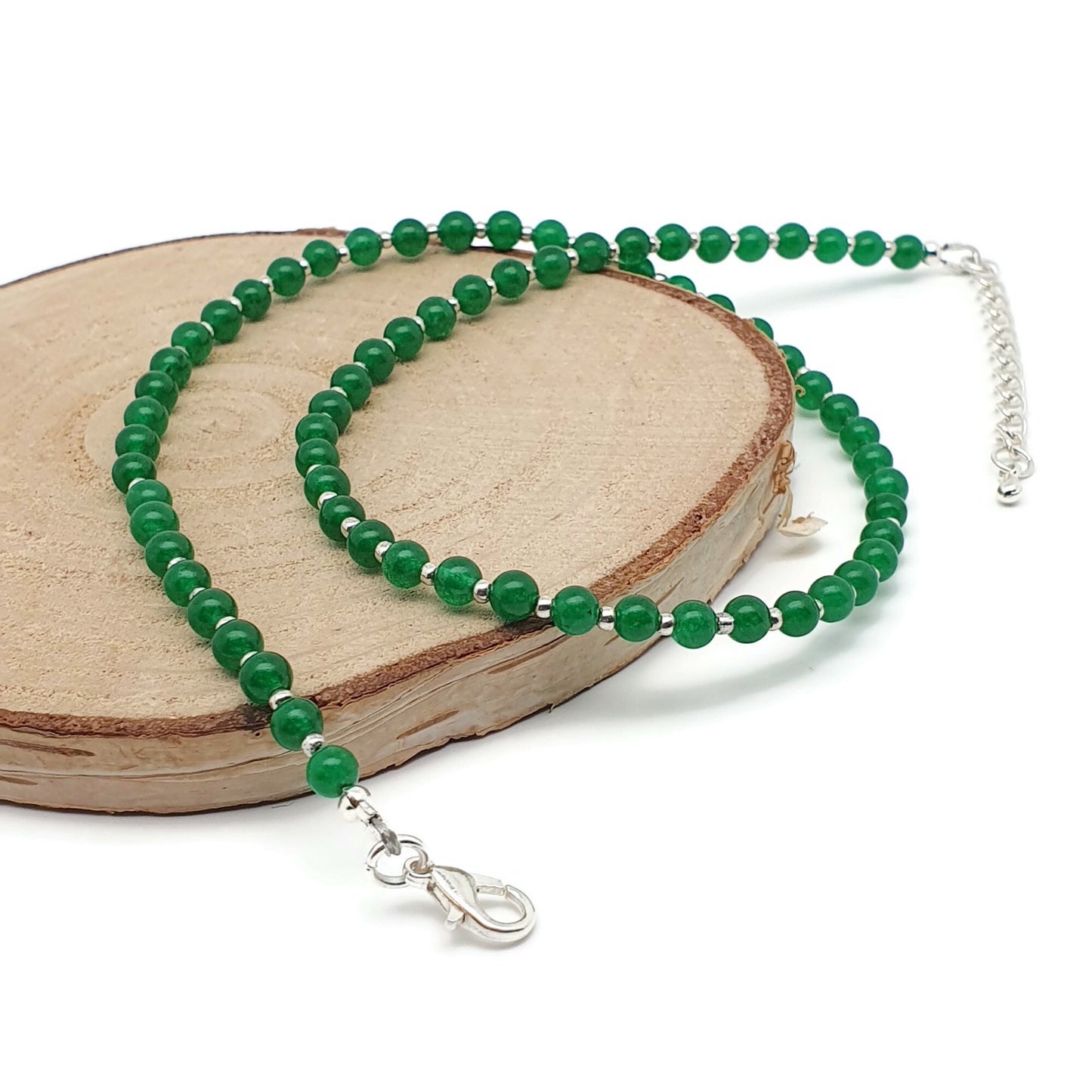 Green Jade Beaded Collar Necklace Silver Plated