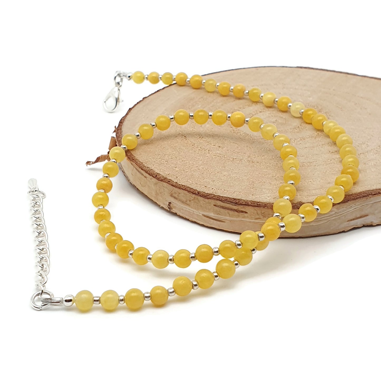 Yellow Chalcedony Beaded Collar Necklace Silver Plated