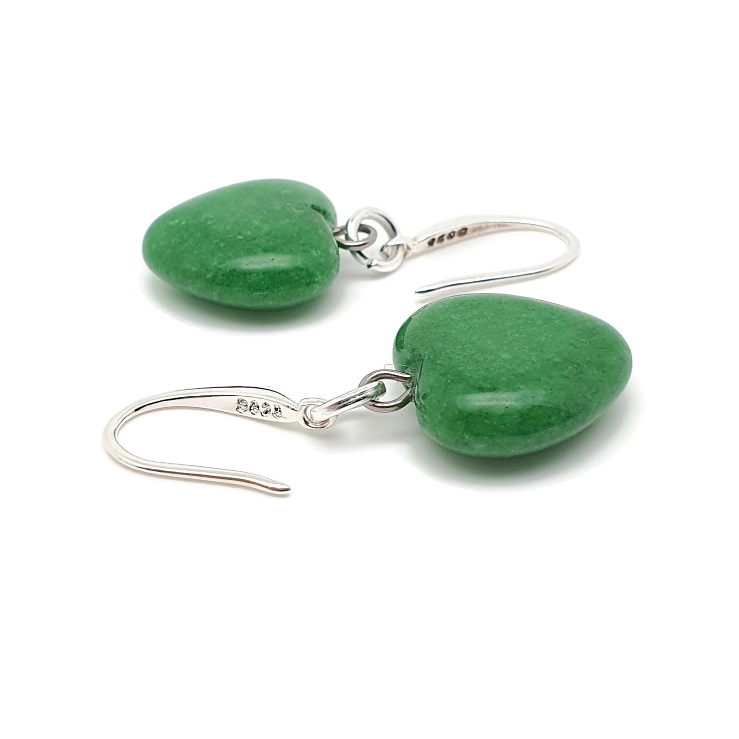 Green Jade Heart Earrings Dangle Drop Sterling Silver Hooks