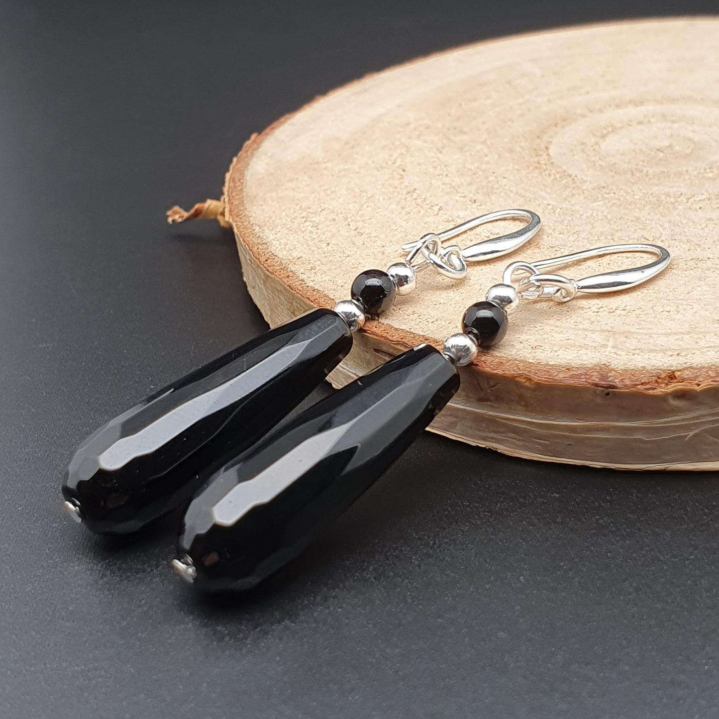Black Agate Slim Teardrop Dangle Drop Boho Earrings