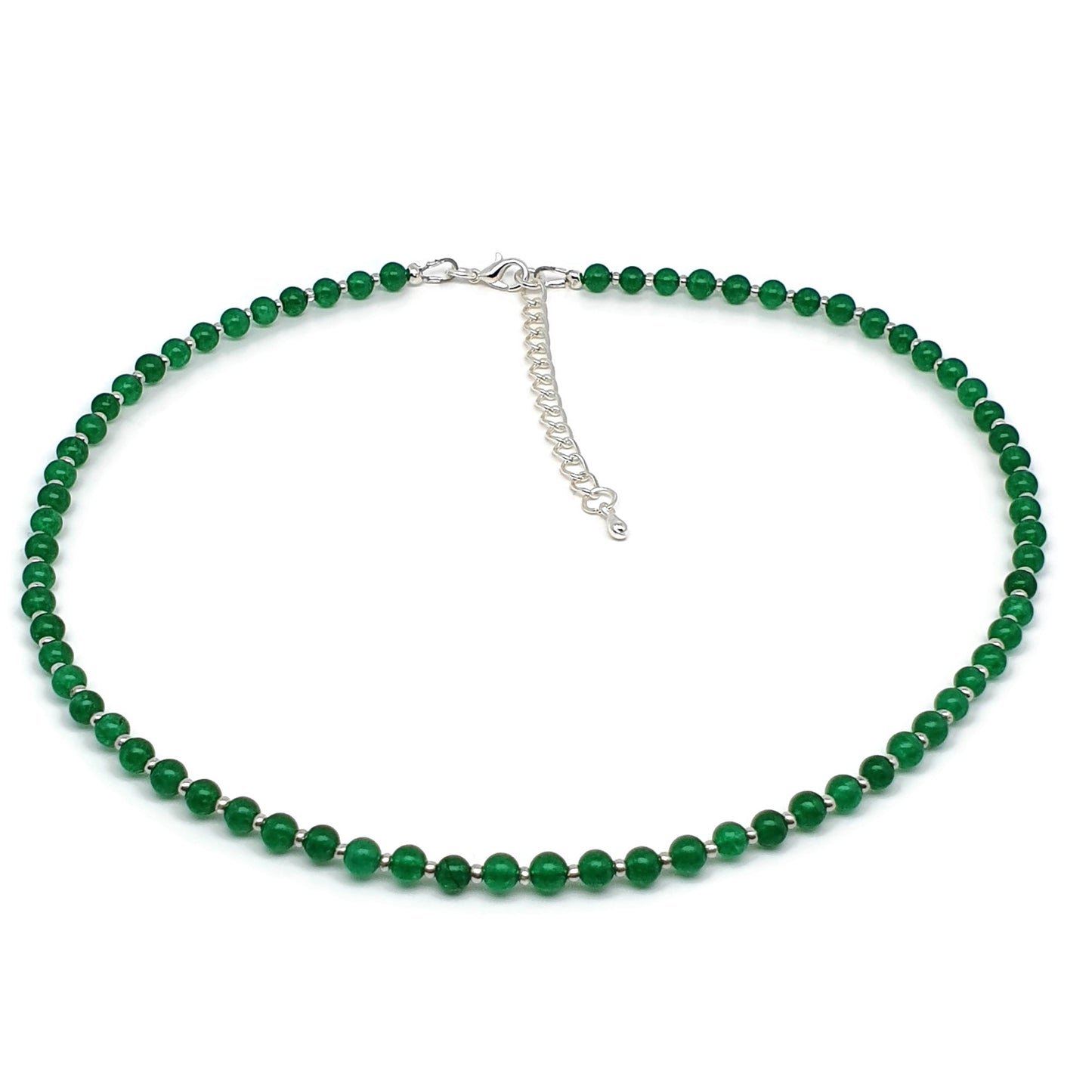 Green Jade Beaded Collar Necklace Silver Plated