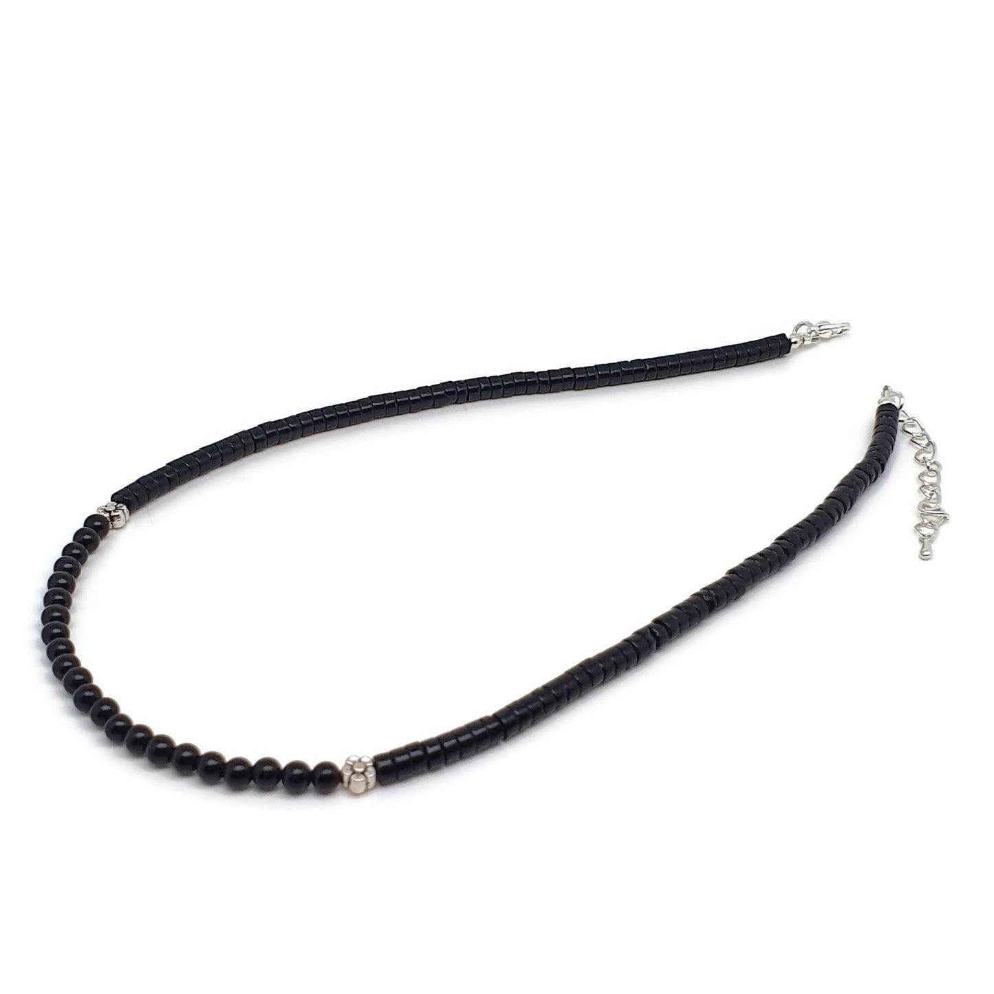 Black Agate Beaded Collar Necklace Silver Plated
