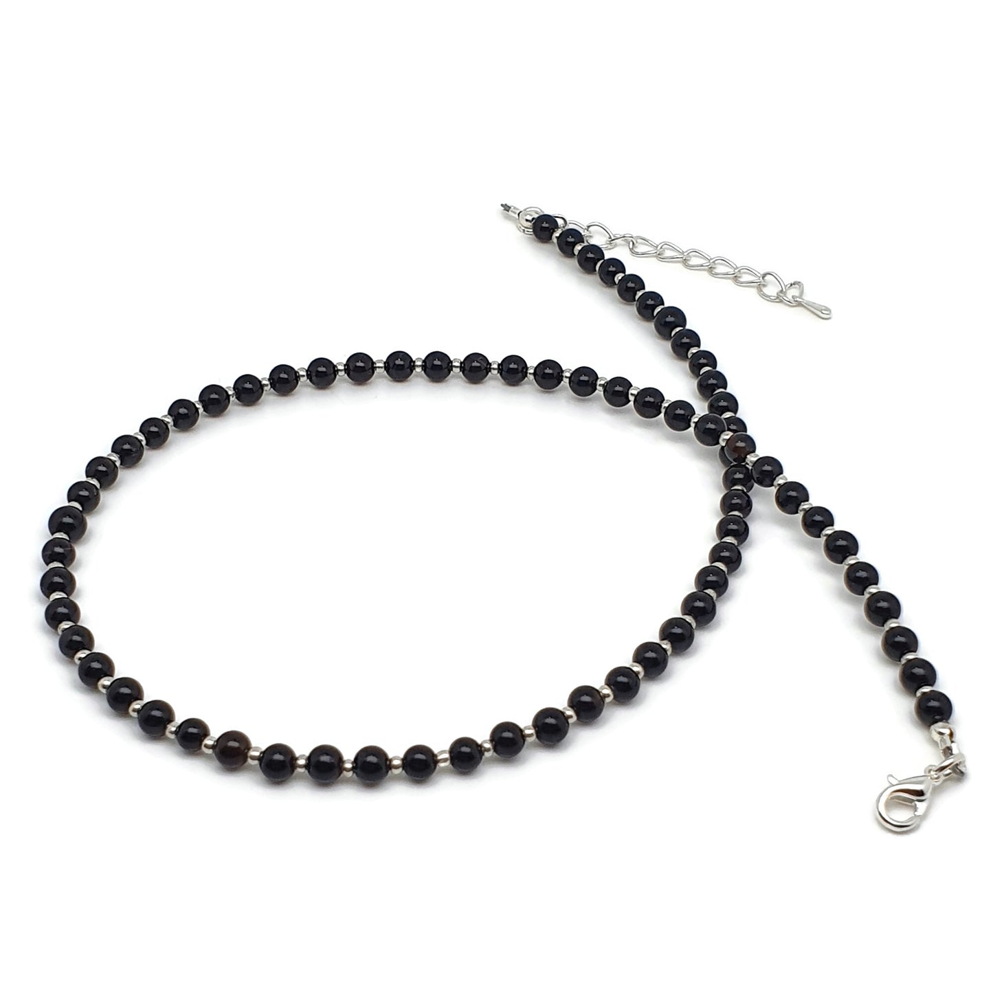 Black Agate Beaded Collar Necklace Silver Plated