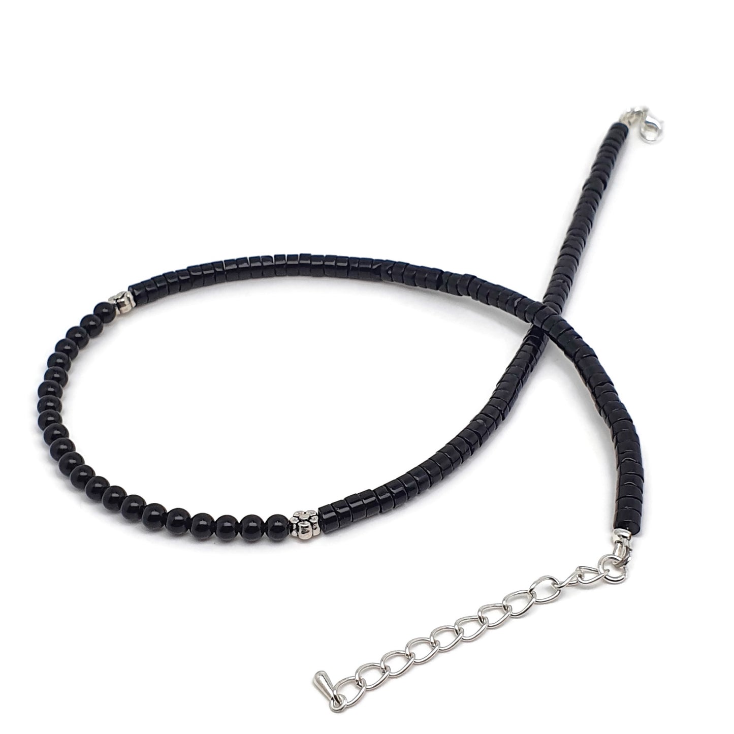 Black Agate Beaded Collar Necklace Silver Plated