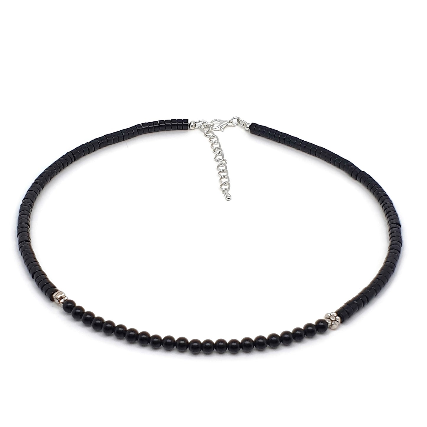 Black Agate Beaded Collar Necklace Silver Plated