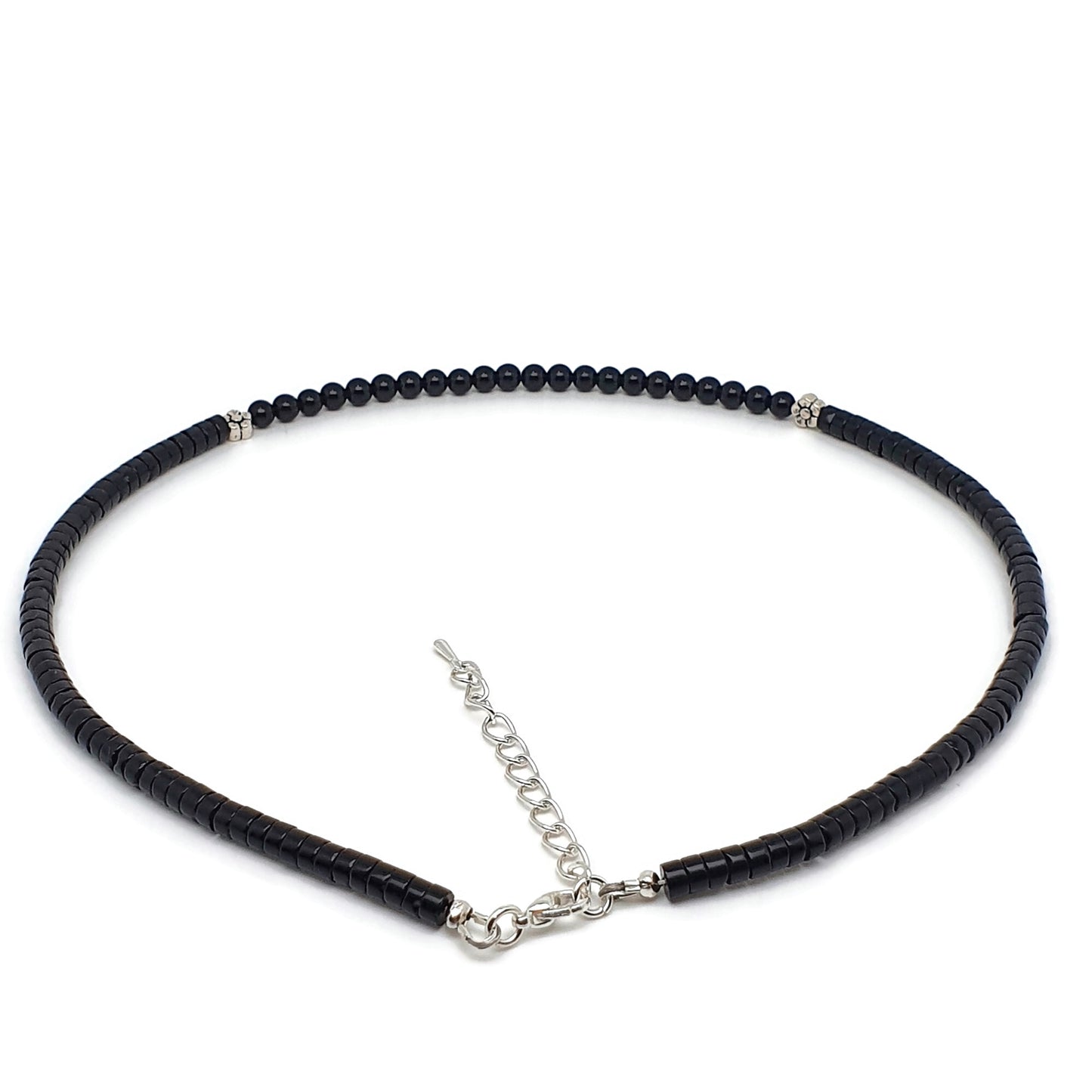 Black Agate Beaded Collar Necklace Silver Plated