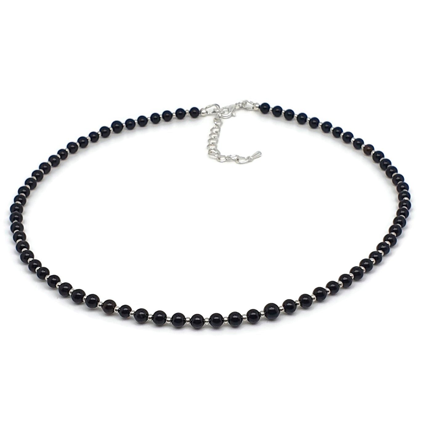 Black Agate Beaded Collar Necklace Silver Plated