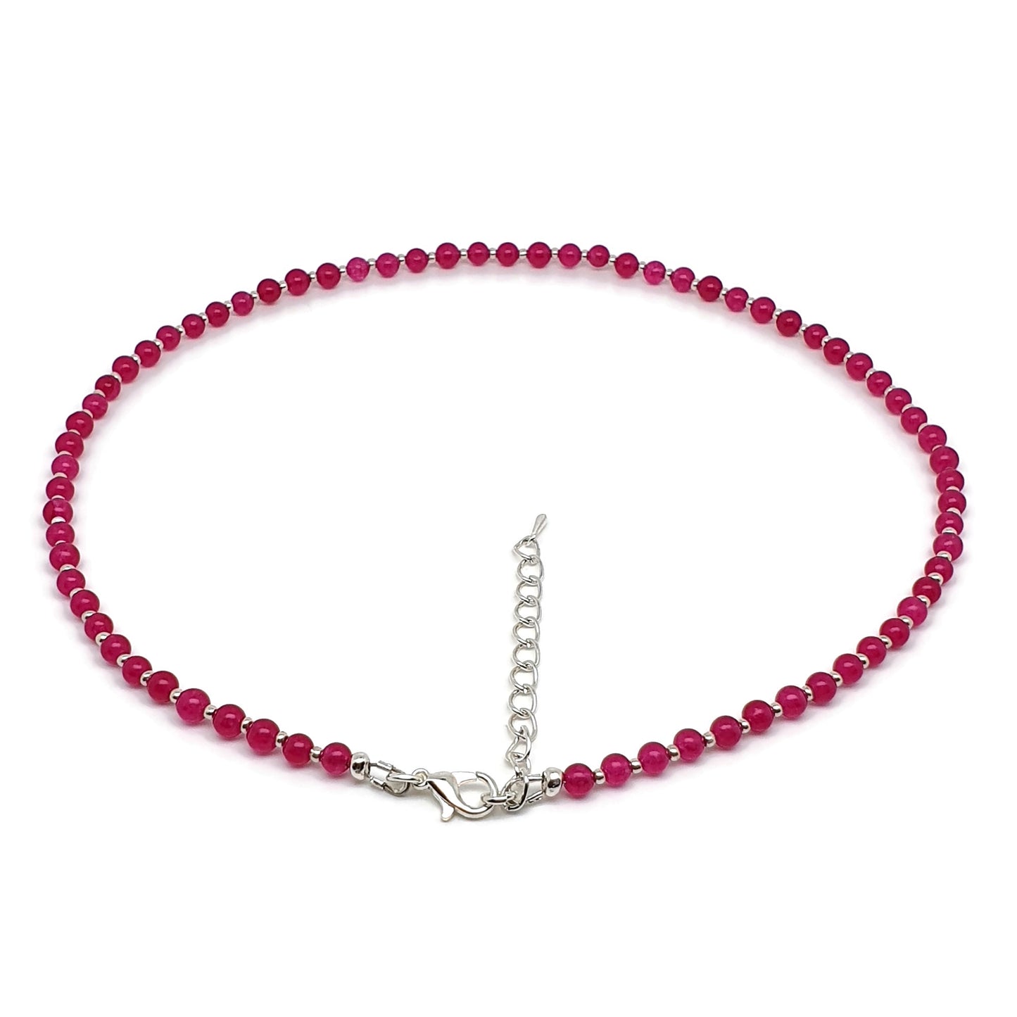 Hot Pink Chalcedony Beaded Collar Boho Necklace Silver Plated