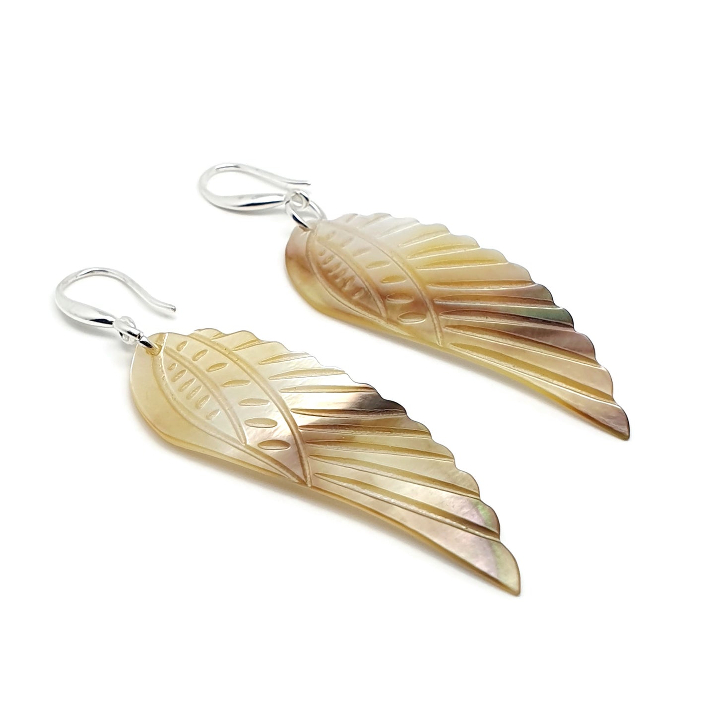 Carved Angel Wing Abalone Earrings Long Dangle Drop Natural Shell