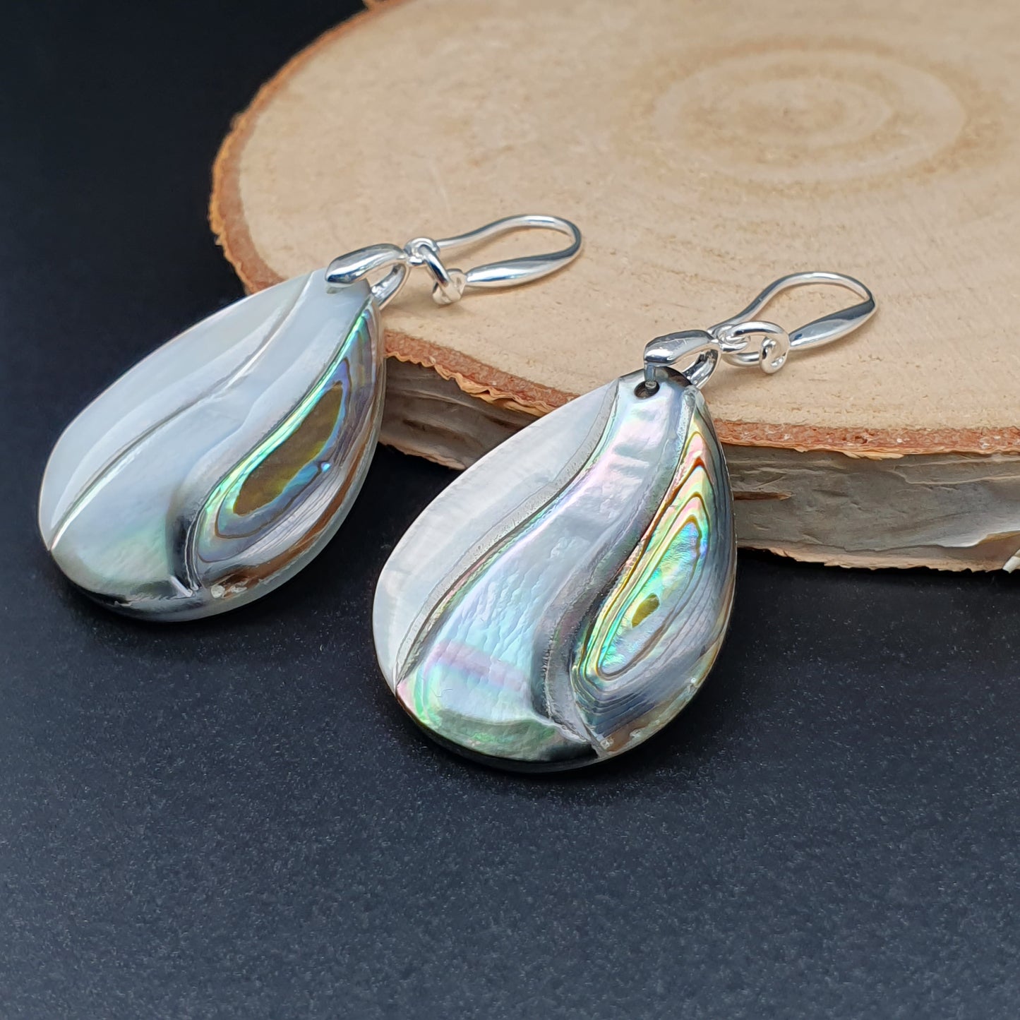 Rainbow Paua Abalone Teardrop Earrings Natural Sea Shell