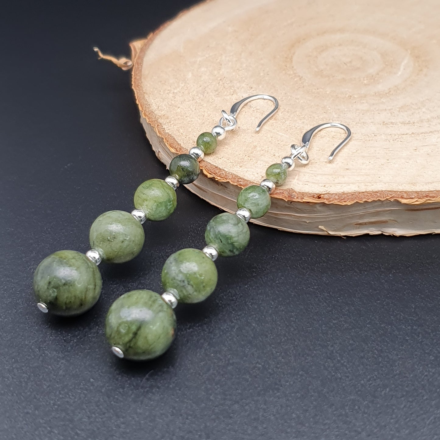 Green Jade Beaded Graduated Boho Earrings Long Dangle Drop