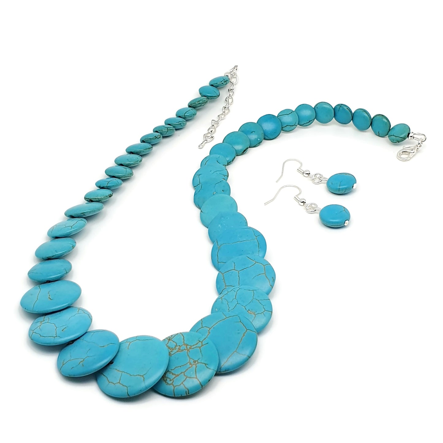 Dyed Blue Howlite Beaded Graduated Collar Boho Necklace And Dangle Drop Earrings Set