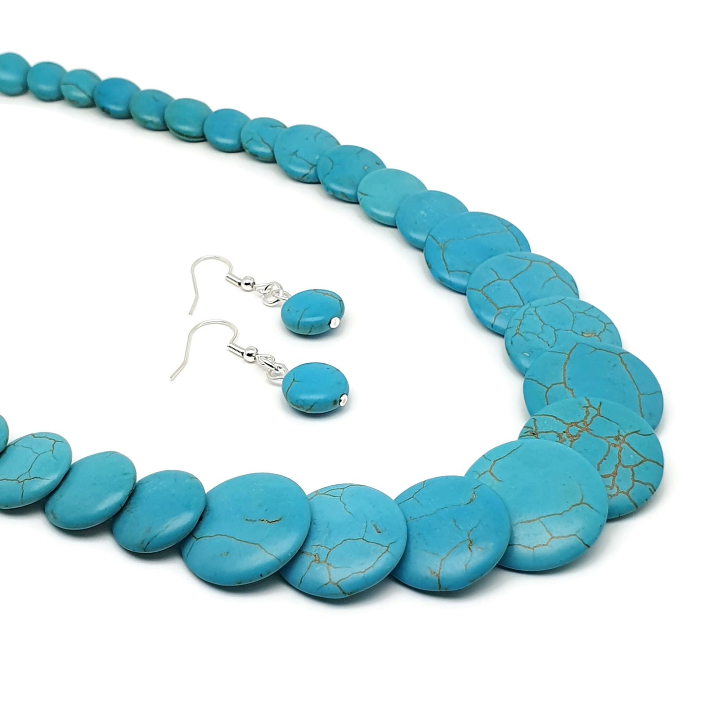Dyed Blue Howlite Beaded Graduated Collar Boho Necklace And Dangle Drop Earrings Set