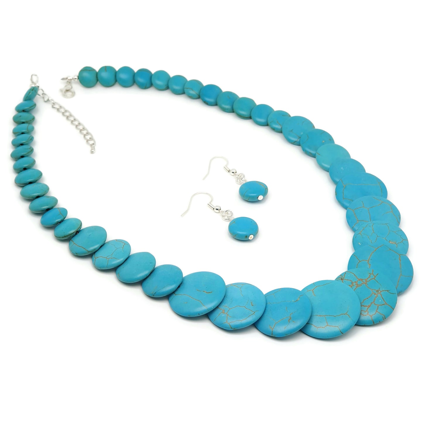 Dyed Blue Howlite Beaded Graduated Collar Boho Necklace And Dangle Drop Earrings Set