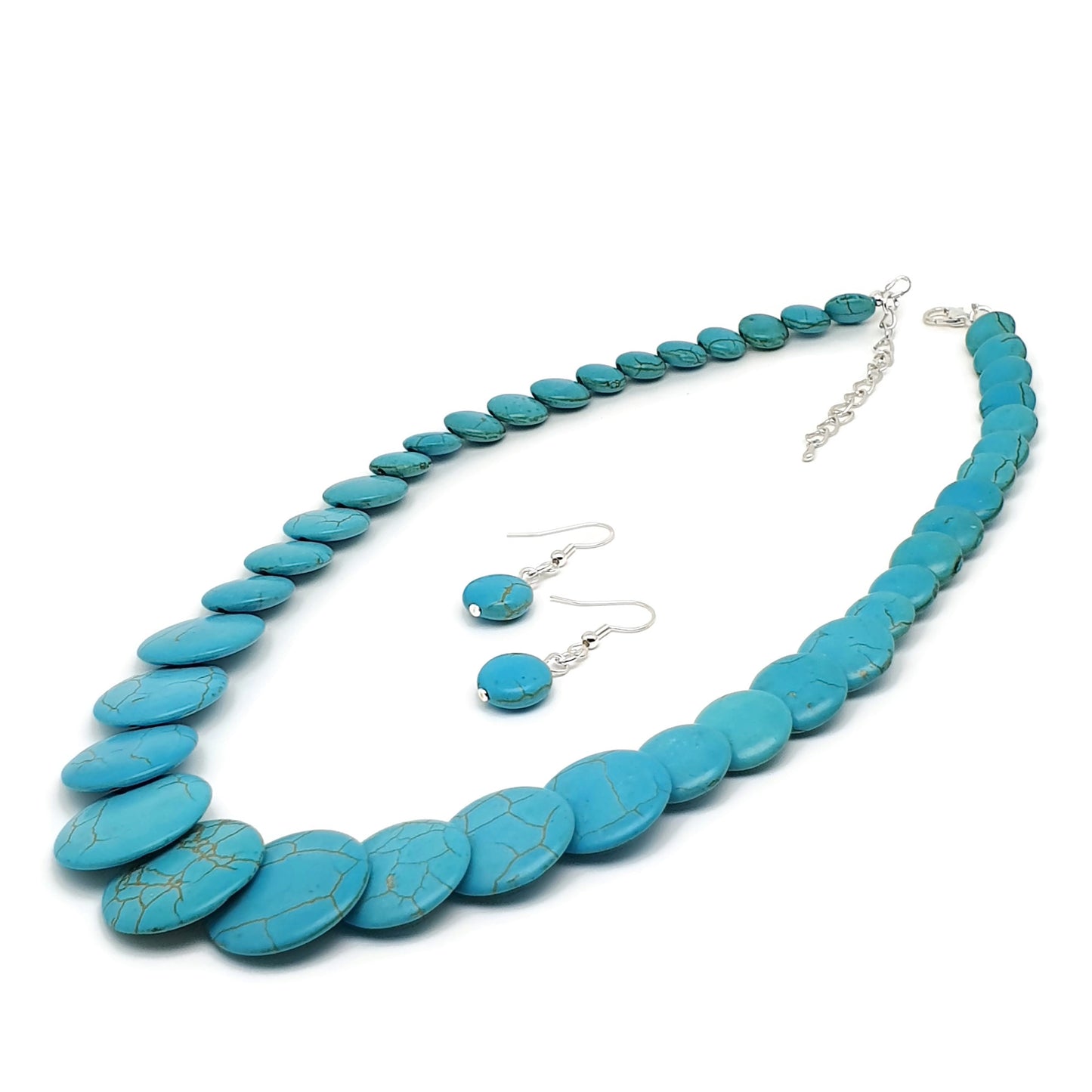 Dyed Blue Howlite Beaded Graduated Collar Boho Necklace And Dangle Drop Earrings Set