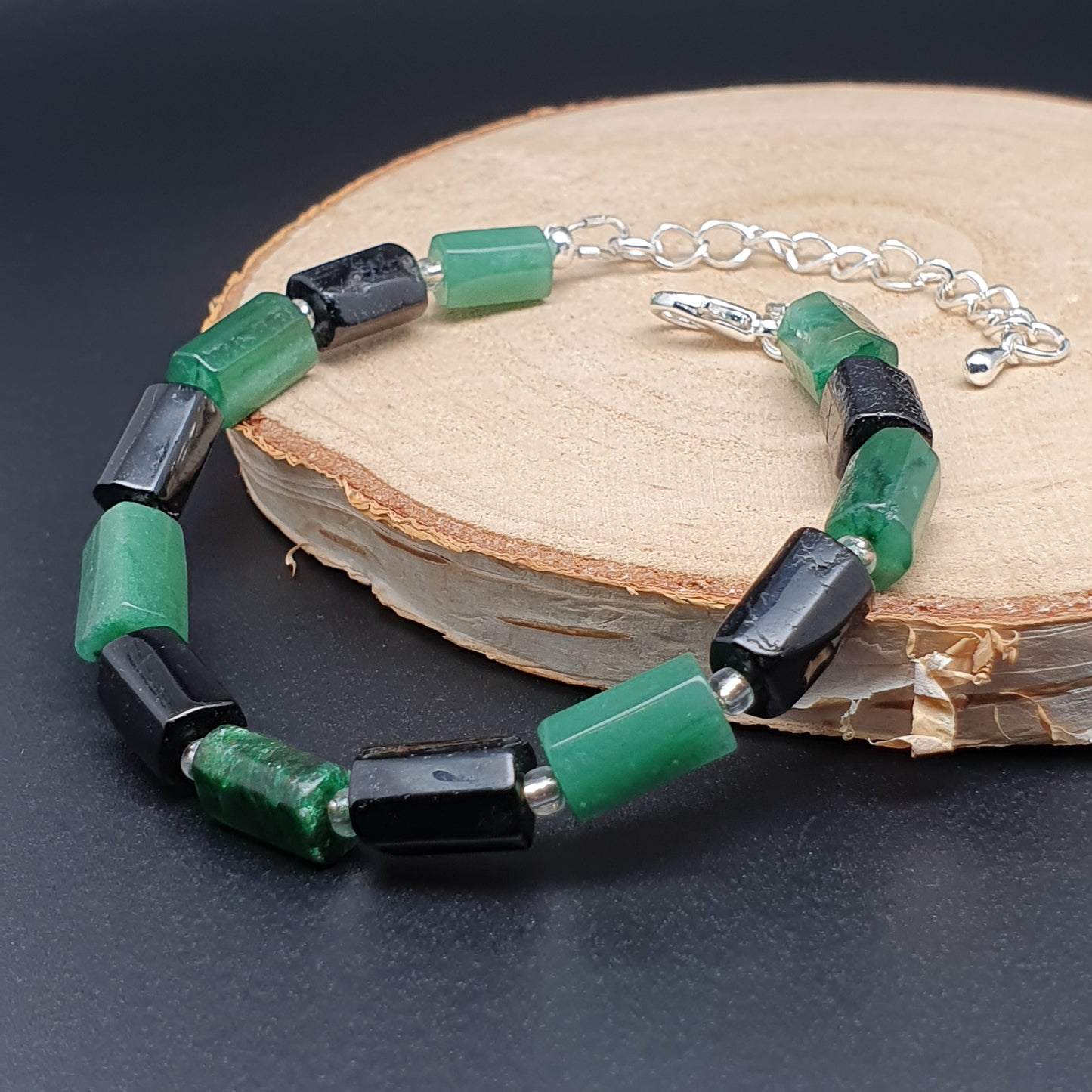 Natural Green Emerald Beaded Bracelet Black Tourmaline Adjustable Length