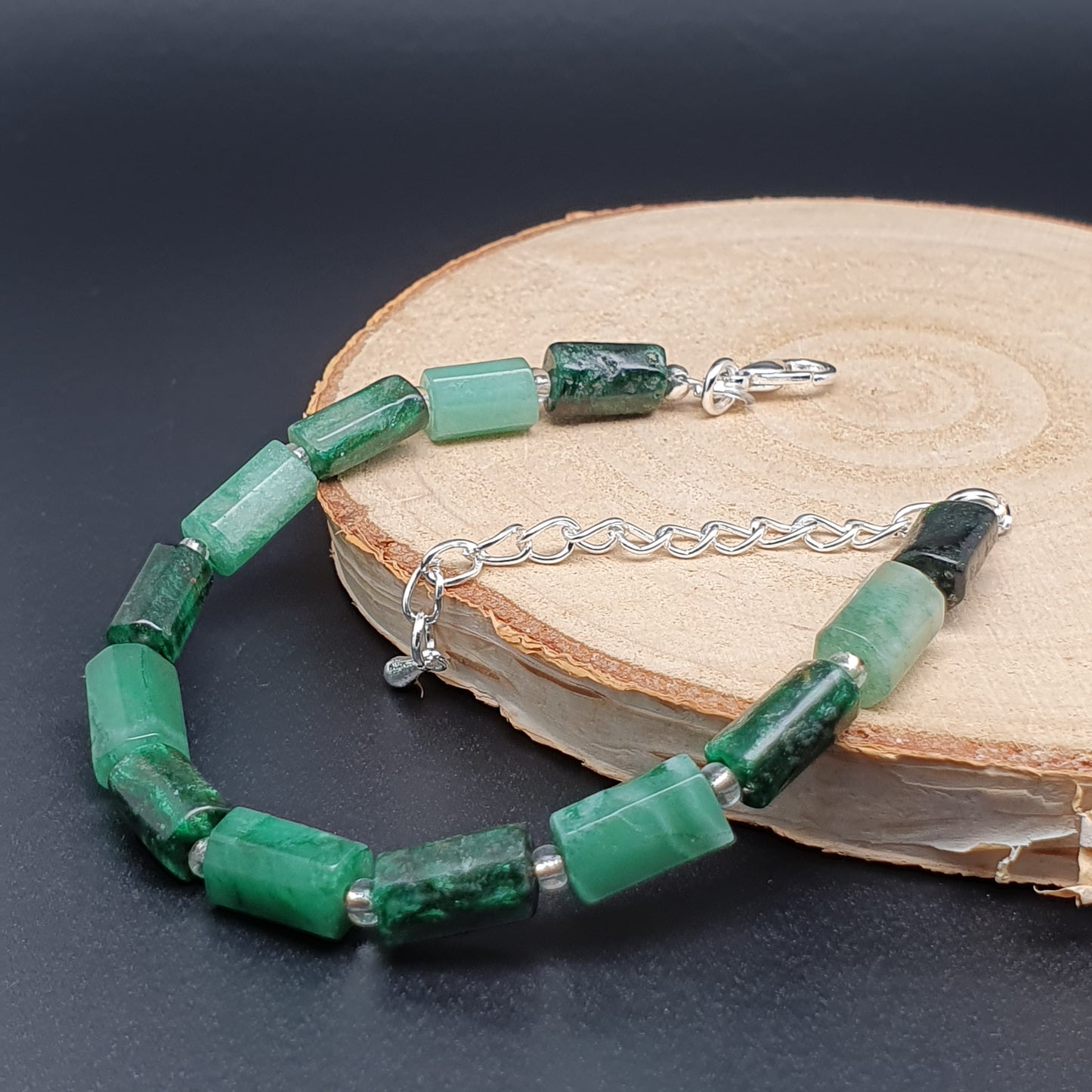 Natural Green Emerald Beaded Bracelet Black Tourmaline Adjustable Length