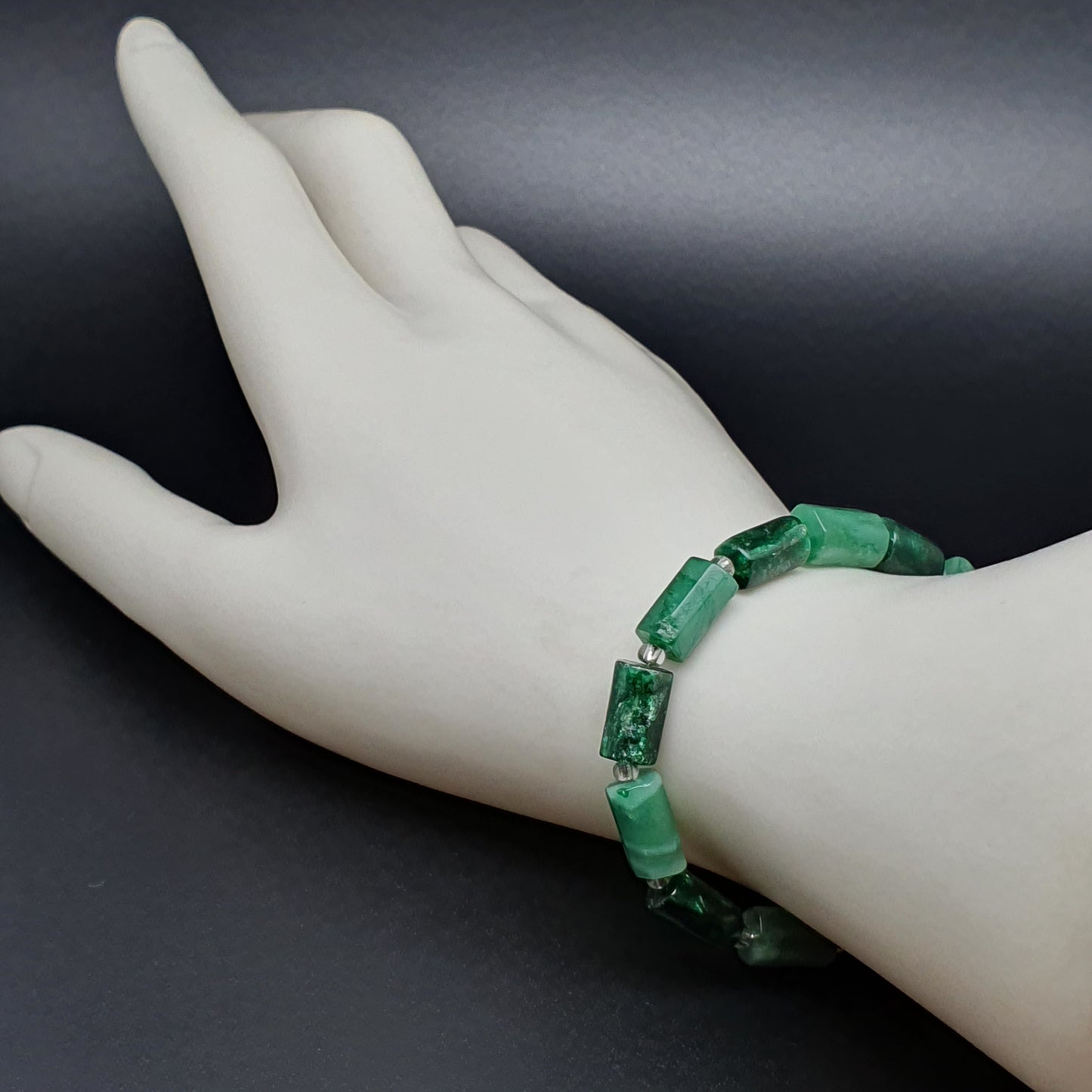 Natural Green Emerald Beaded Bracelet Black Tourmaline Adjustable Length