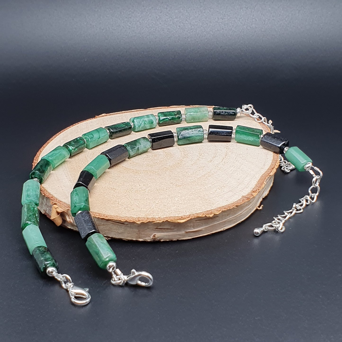 Natural Green Emerald Beaded Bracelet Black Tourmaline Adjustable Length